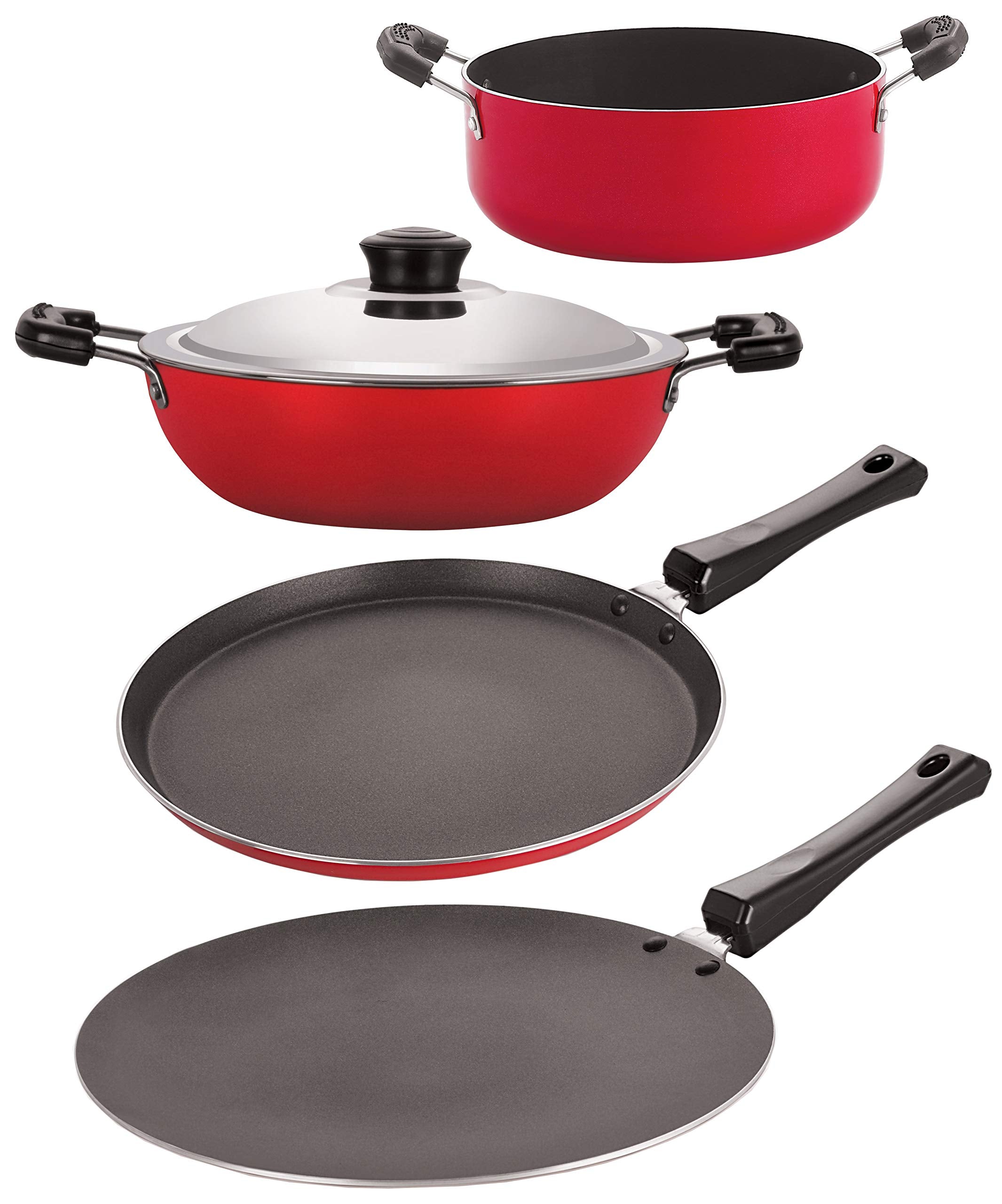 Nirlon NonStick Aluminum Cookware Set, 4Piece, Red And Black (26_Ct_Dkdm_Ft10_Cass22)