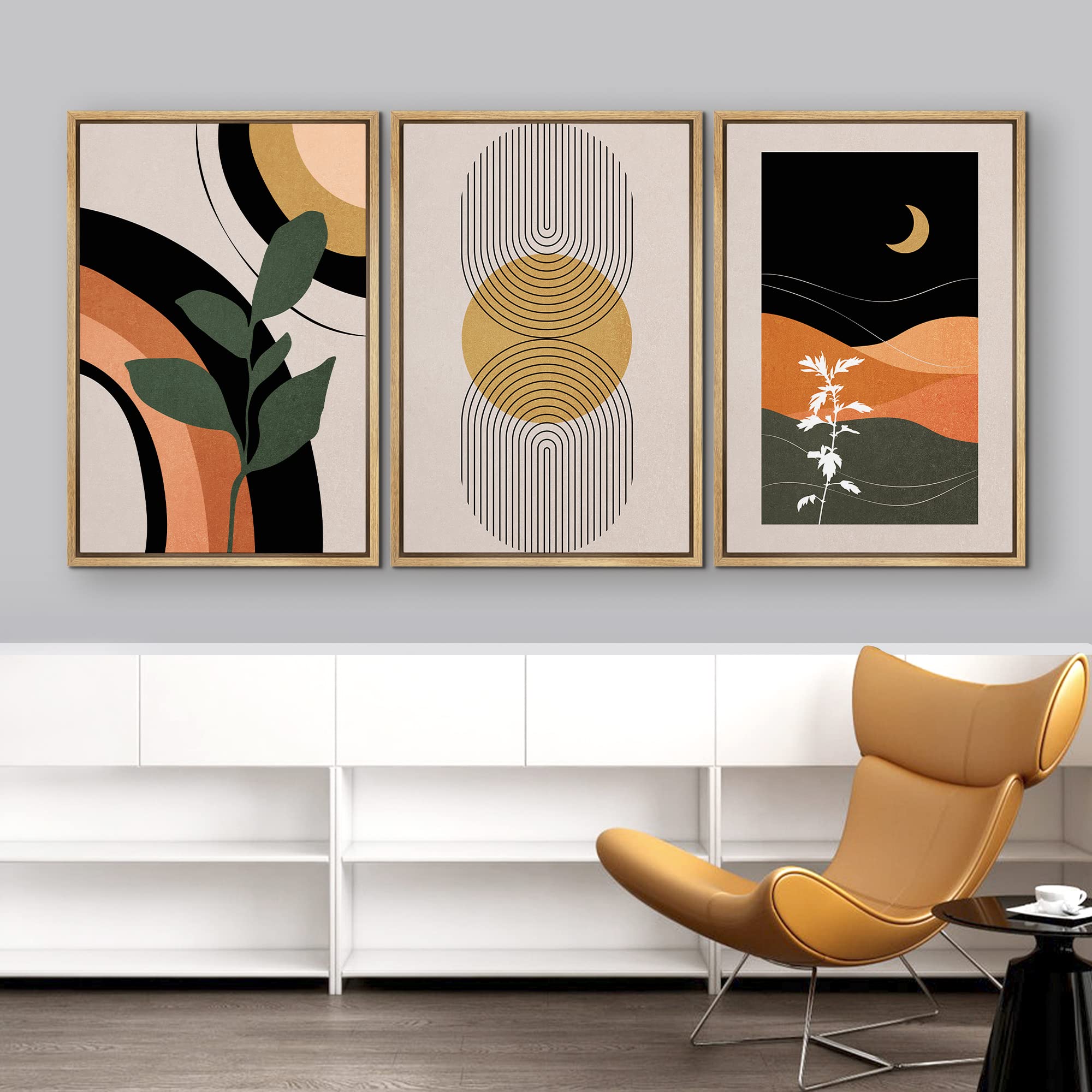 Idea4Wall Framed Canvas Print Wall Art Set Mid-Century Geometric Plant Polygon Landscape Abstract Shapes Illustrations Minimalis