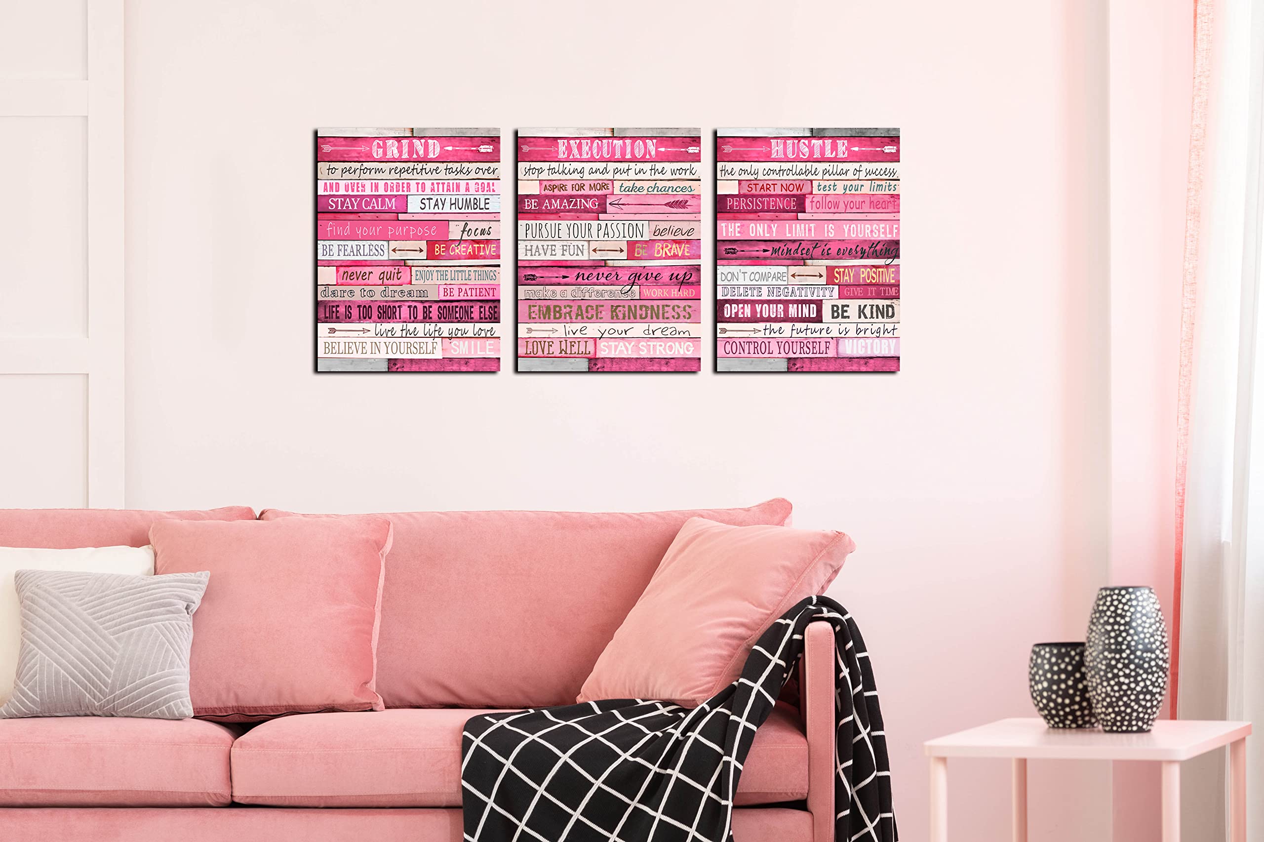 THRLVEART Pink Canvas Wall-Art - Room Decor For Teen Girls - Motivational Posters Ready To Hang Size 16'' x 12'' x 3 Pieces