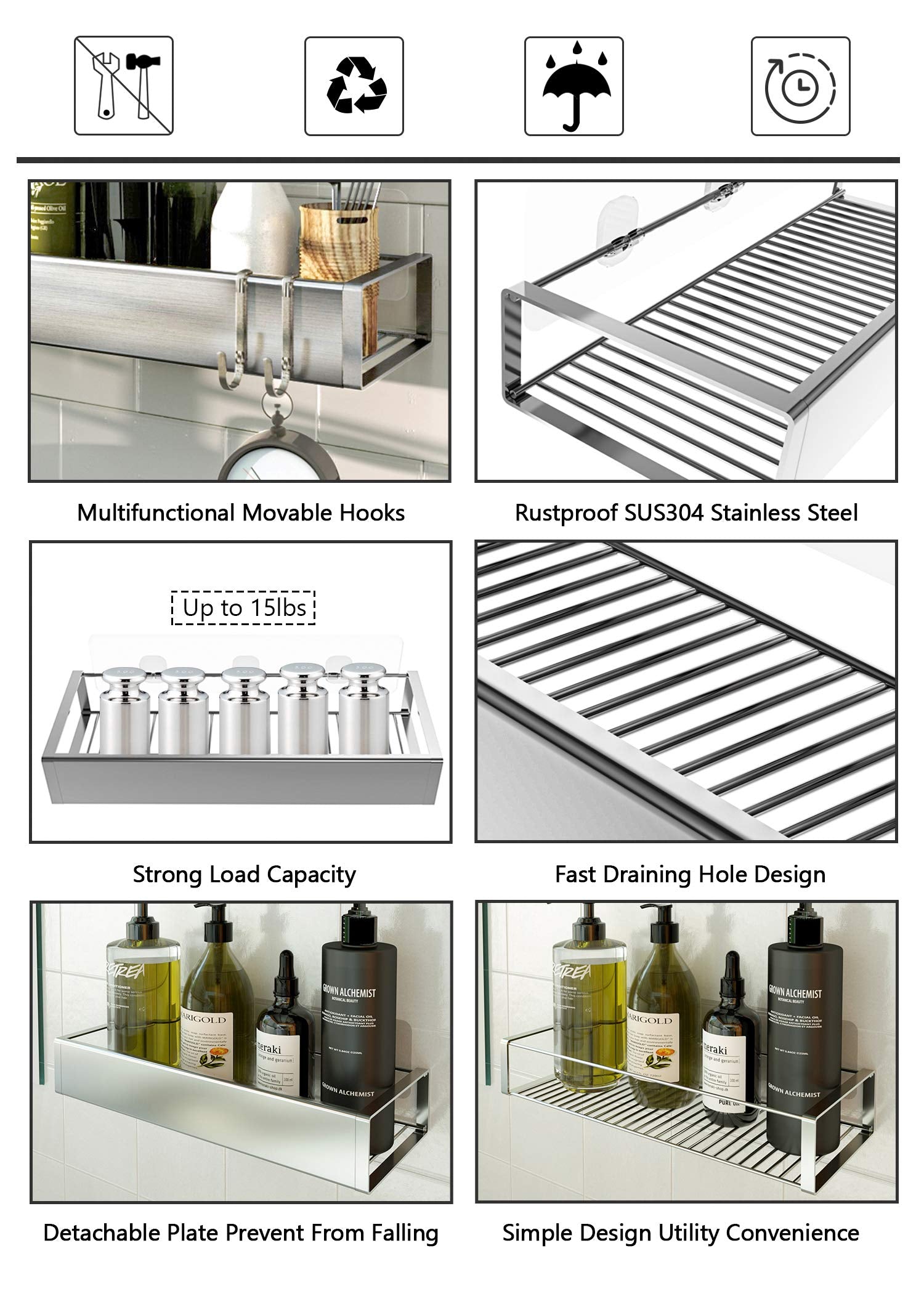 Roseyat Bathroom Adhesive Shower Caddy Basket Shelf With Hooks, No Drilling Removable Bathroom Shelf Organizer,Stainless Steel R