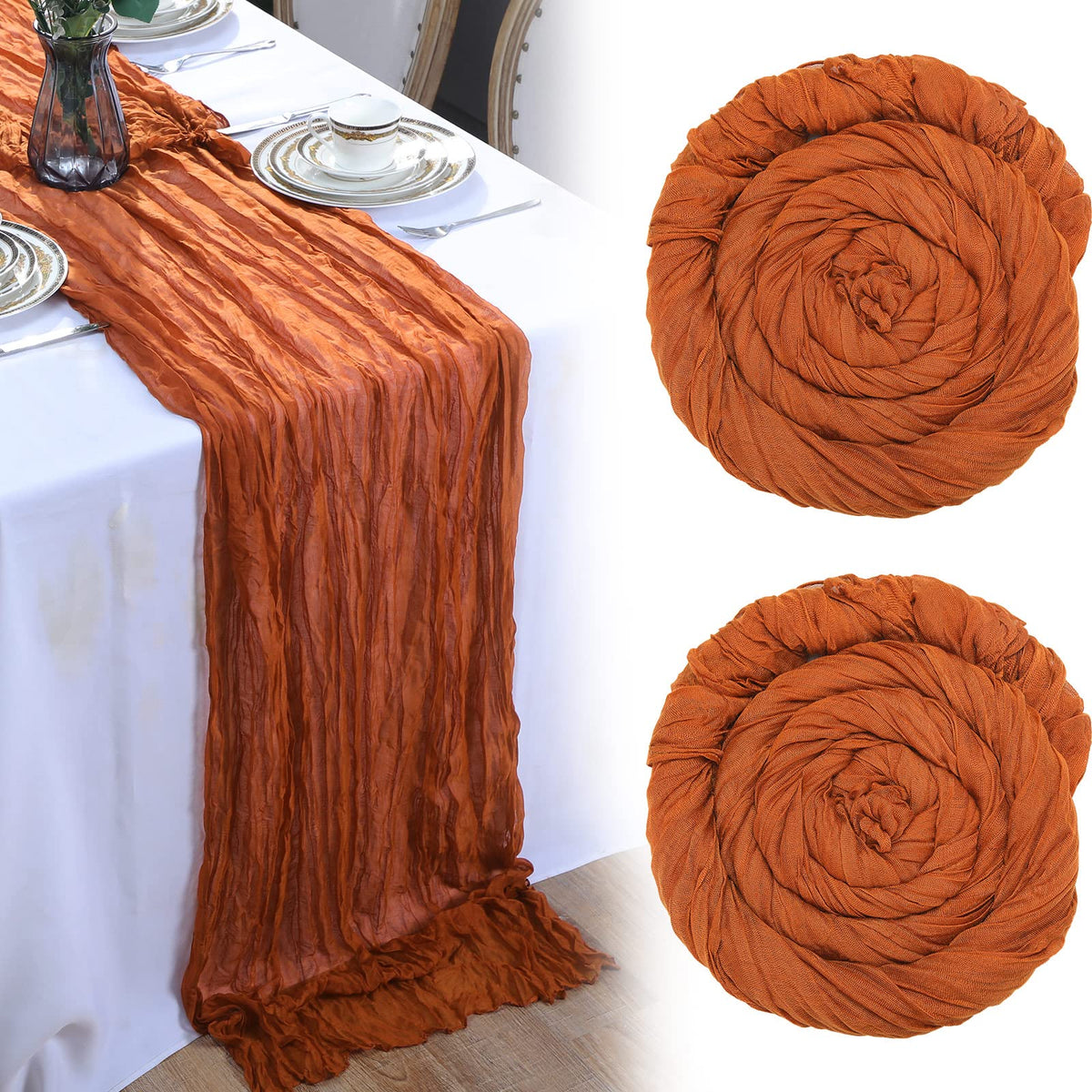 Tegeme 2 Pack Thanksgiving Cheesecloths Table Runner 13Ft Long Rust Cheese Cloth Boho Gauze Runner For Fall Wedding Bridal Showe