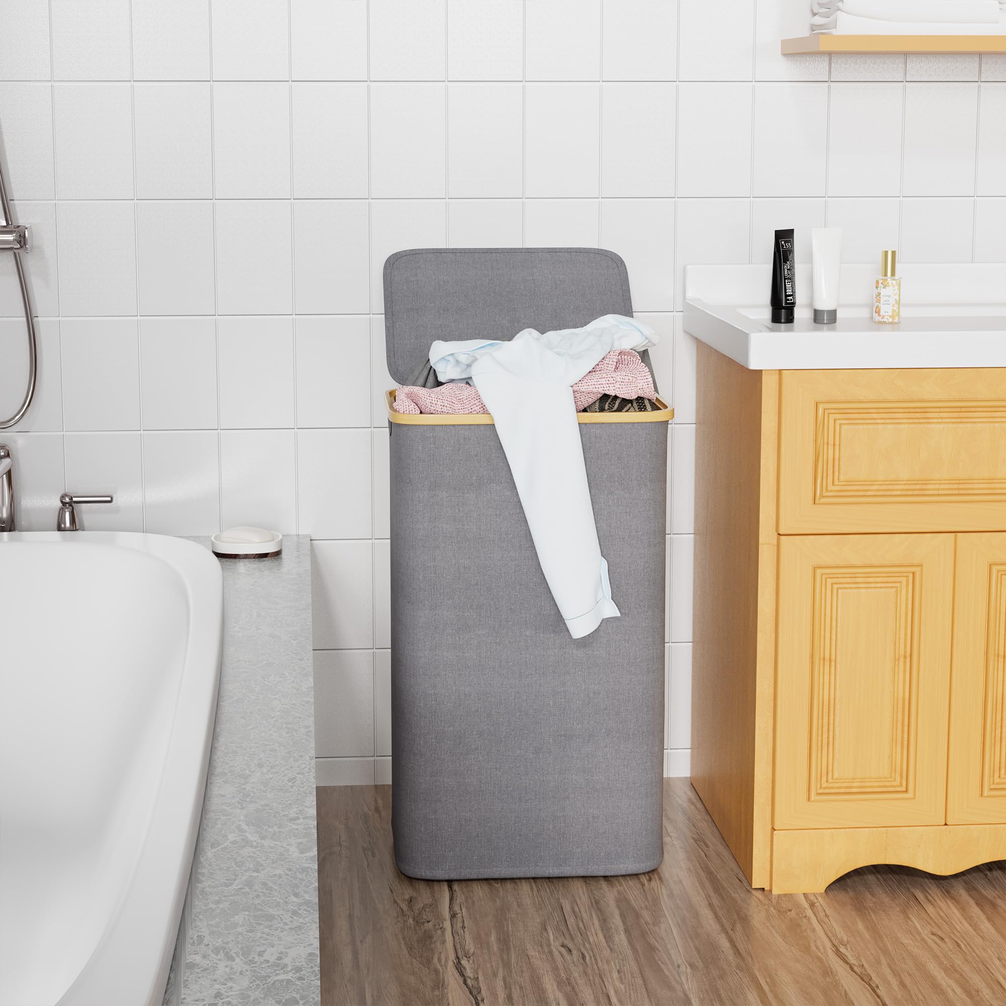 Suoco Laundry Hamper With Lid, 29 Gal (110L) Clothes Basket With Bamboo Handles, Large Foldable Laundry Hamper For Bedroom, Bath