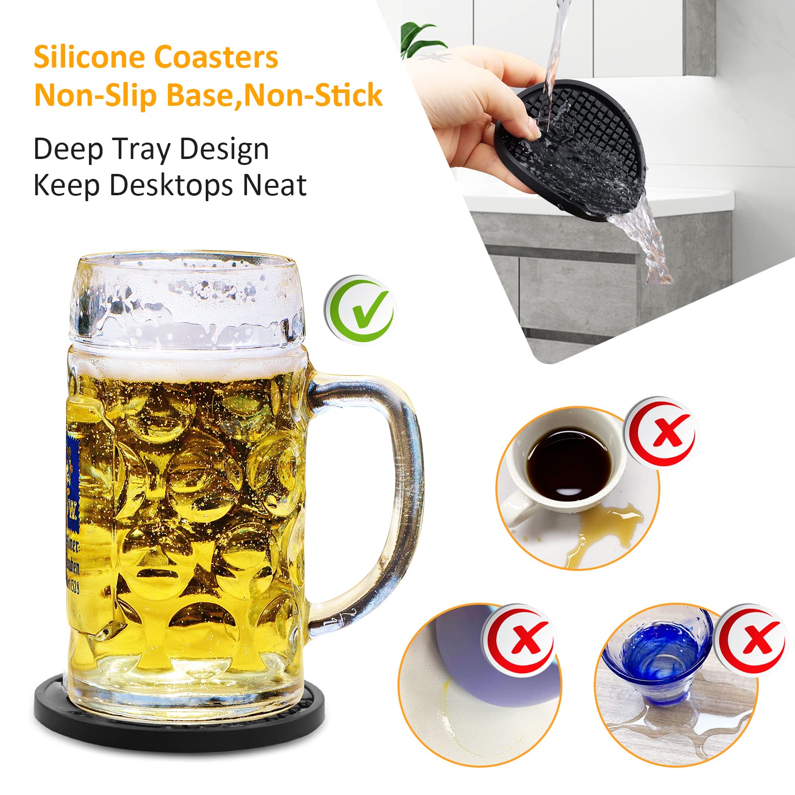 Coasters For Drinks, Silicone Coasters Set Of 2, Cup Mat- Deep Tray - Non-Slip Base & Non-Stick, Black Coasters For Prevents Fur