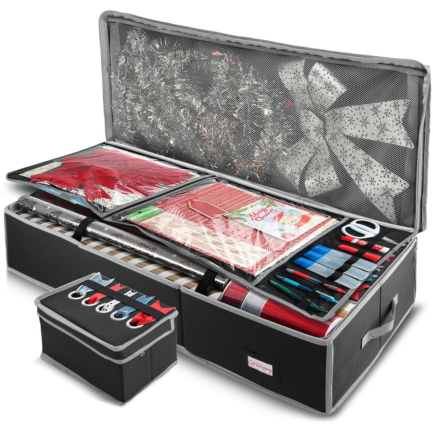 Hearth & Harbor Wrapping Paper Storage Container With Ribbon Storage Organizer - Christmas Storage Bag With Extra Interior Pocke