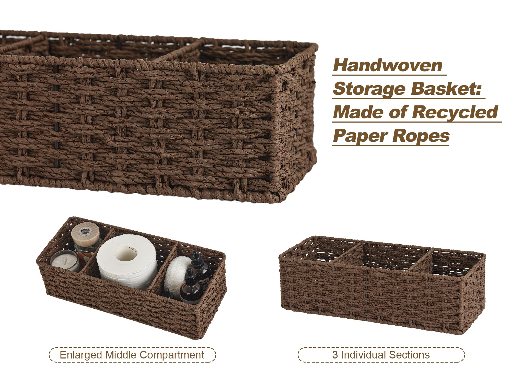 StorageWorks 3-Section Wicker Baskets for Shelves  Hand-Woven Round Paper Rope Storage Baskets  Walnut  2-Pack
