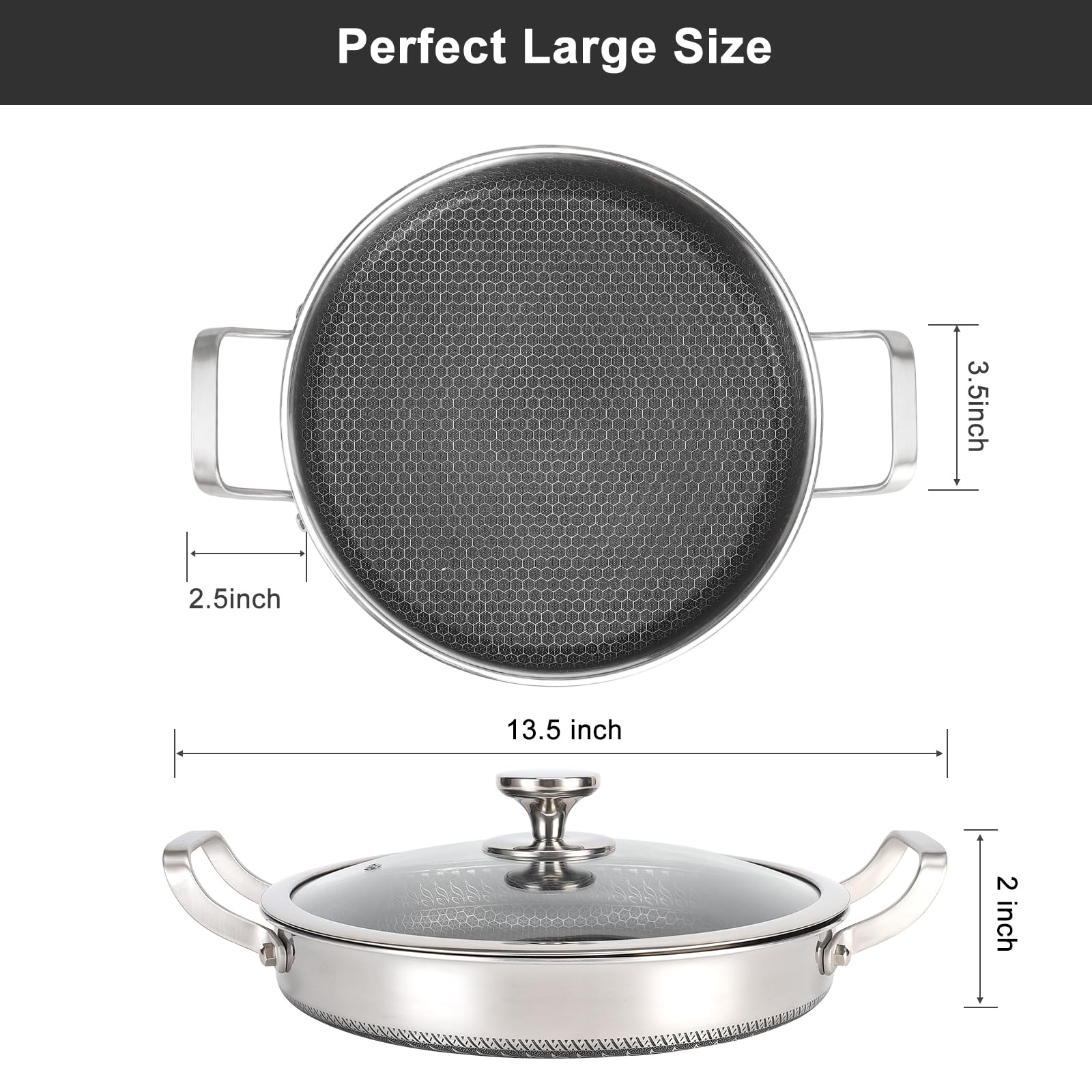 Vegoran Stainless Steel Pan With Cooking Lid,13 Inch Non Stick Frying Pans, Pfoa Free, Dishwasher And Oven Safe Cooking Fry Pans