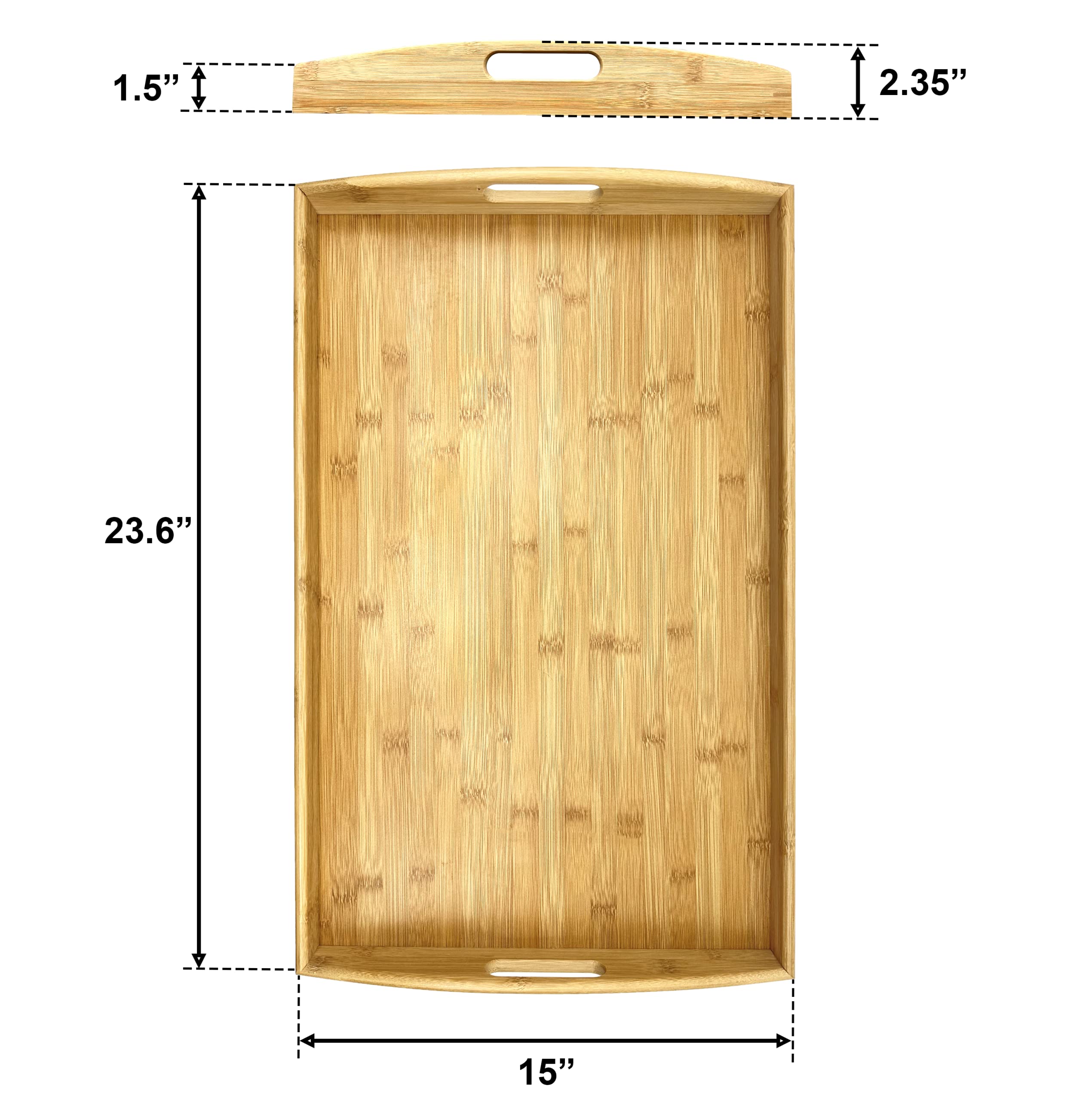 Bam & Boo Natural Bamboo Serving Tray Extra Large Rectangular With Handles For Food, Drinks, Storage, Decor, Vanity, Breakfast,