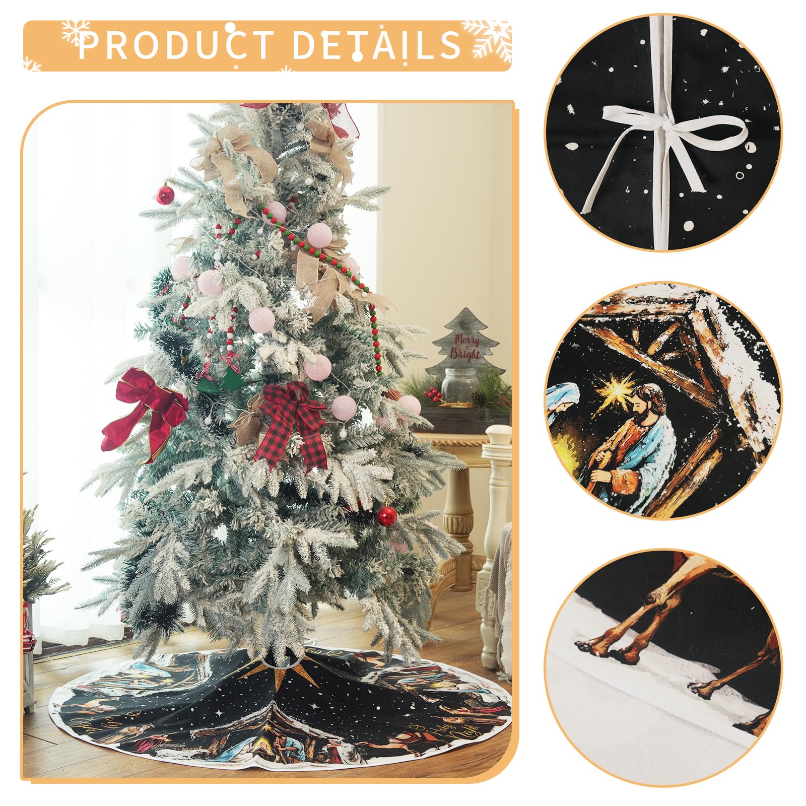 CROWNED BEAUTY Christmas Tree Skirt Collar 48 Inch Religious Holy Night Soft Farmhouse Black Holiday Decoration TS39