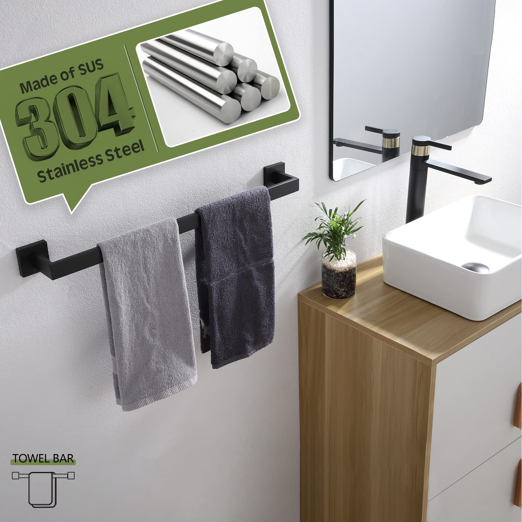 KOKOSIRI 24-Inch Single Towel Bar  Bathroom Kitchen Towel Holder  Wall Mounted SUS304 Stainless Steel Towel Rack  Matte Black  B4003BK-L24