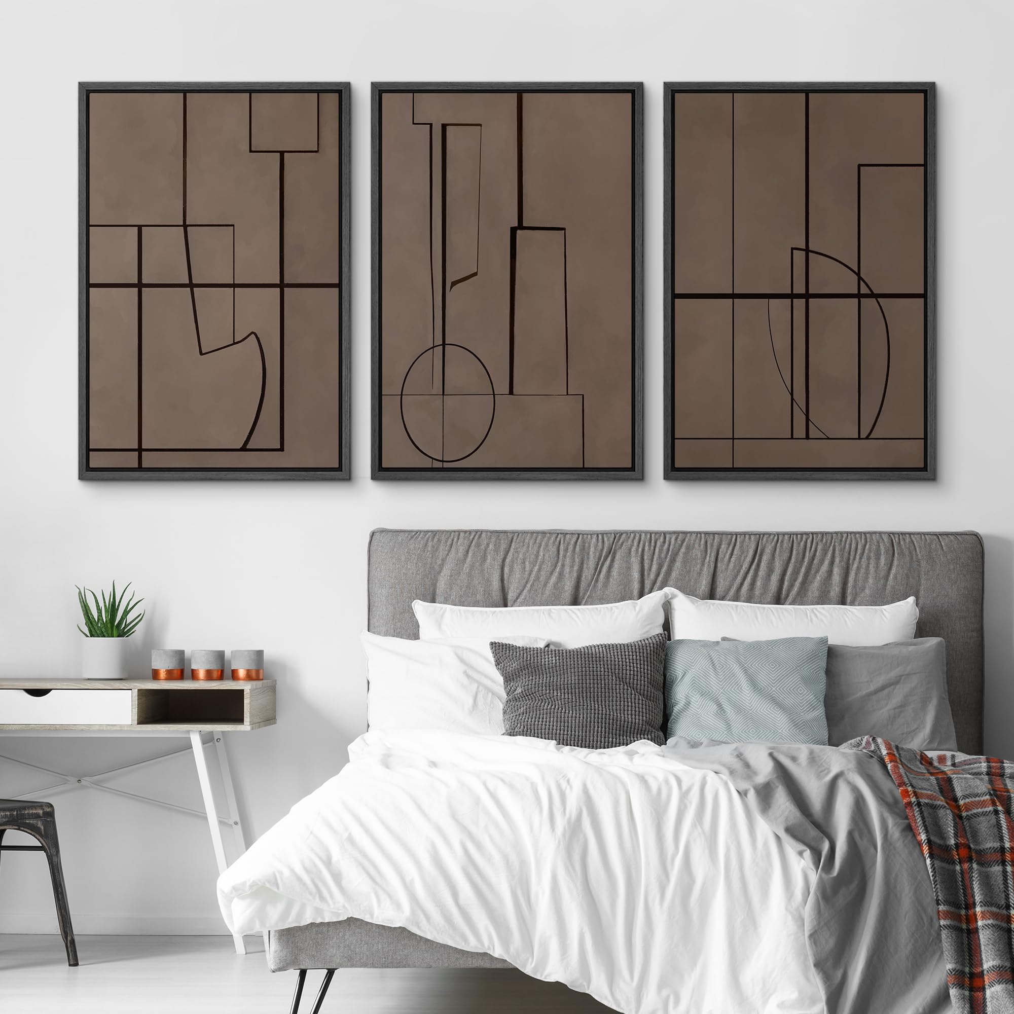 Signford Framed Canvas Print Wall Art Set Modern Abstract Line In Neutral Tones Illustrations Modern Art Relax/Calm For Living R