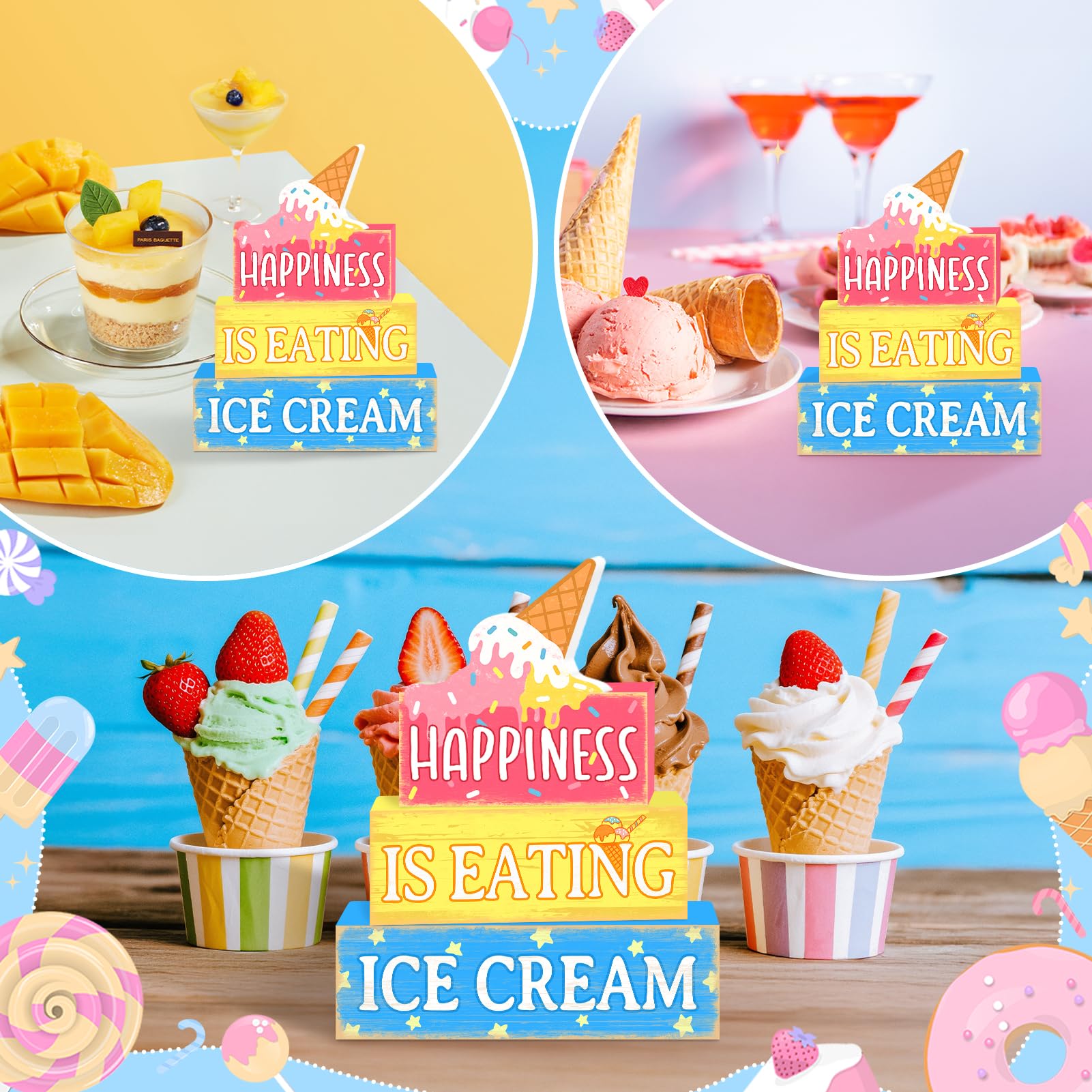 Britimes 4 Pcs Ice Cream Tiered Tray Decorations Set Popsicle Stack Block Signs Sunshine Farmhouse Rustic Tabletop Tiered Tray D