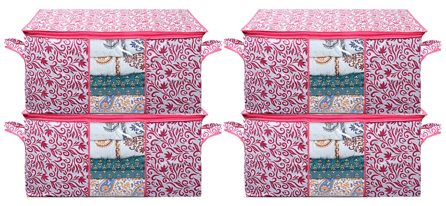 Kuber Industries Leaf Design Non Woven 4 Pieces Underbed Storage Bag, Storage Organiser, Blanket Cover (Pink)Ctktc21205