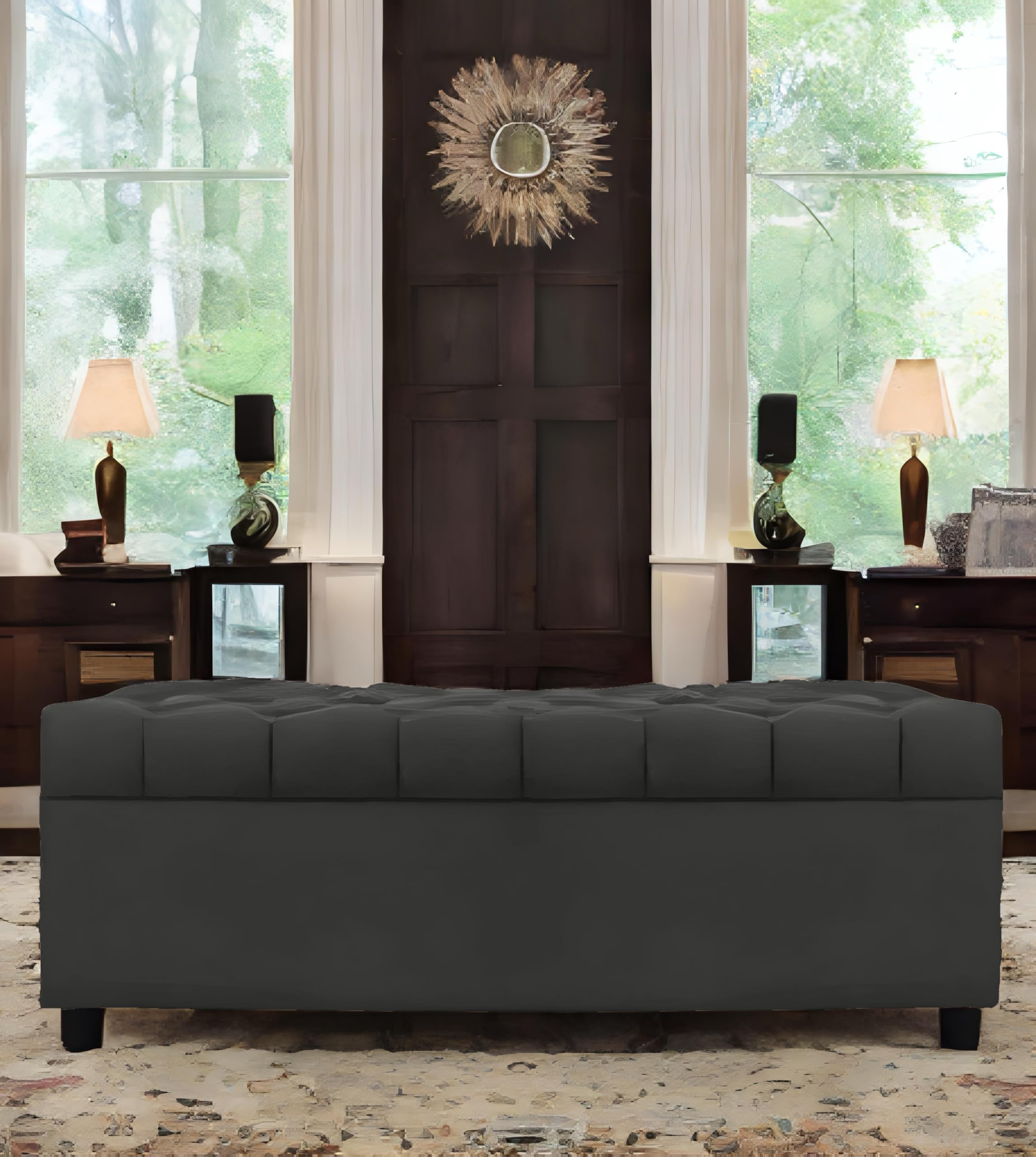 Amata Eagle Solid Wood 2 Seater Ottoman/Pouffe Grey Suede Velvet Fabric Perfect For Home Living Office Room And Guests (Grey 3, 