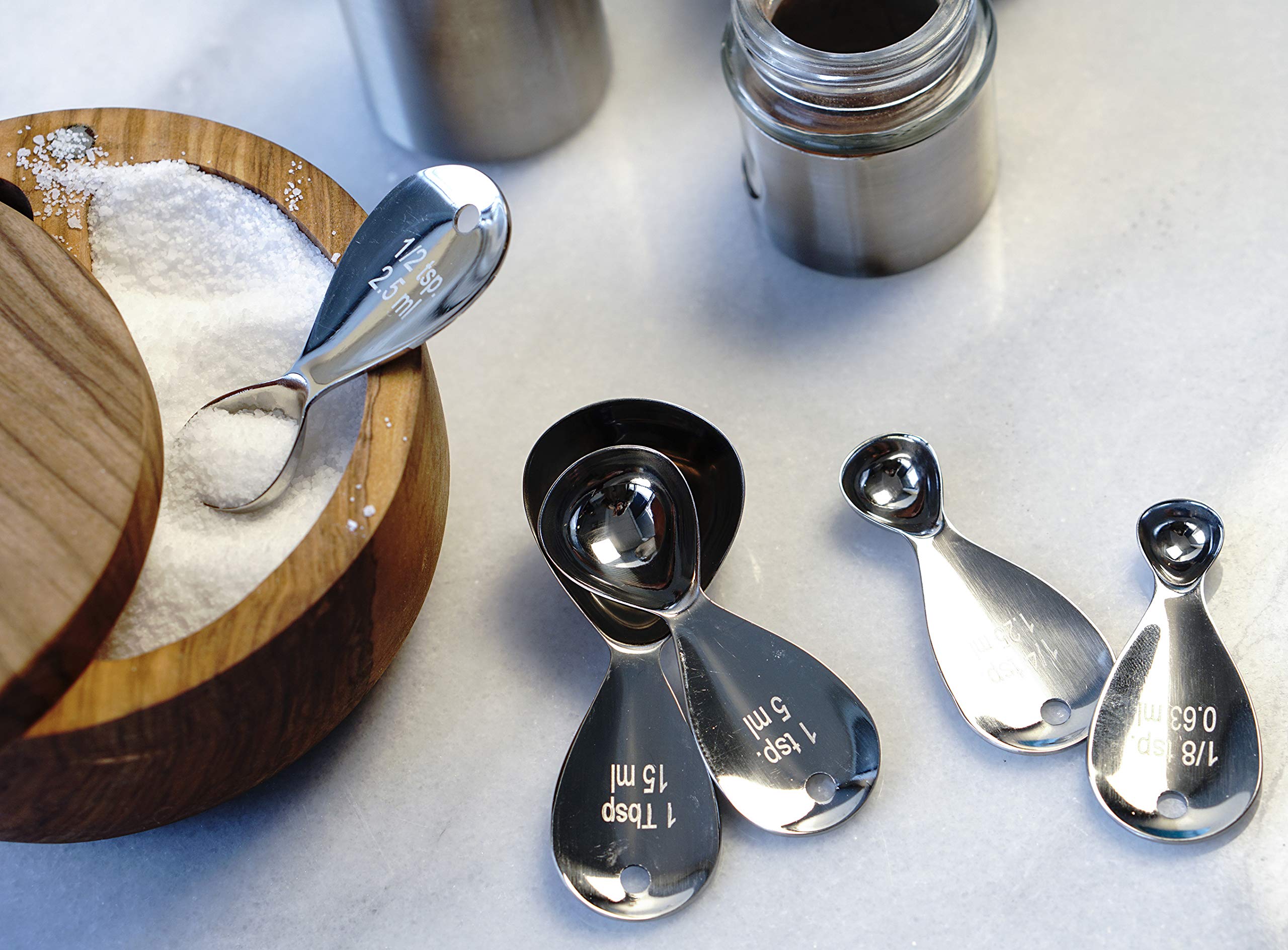 RSVP International Endurance Kitchen Collection Measuring Spoons  Dishwasher Safe  Teardrop  5 Piece  Stainless Steel