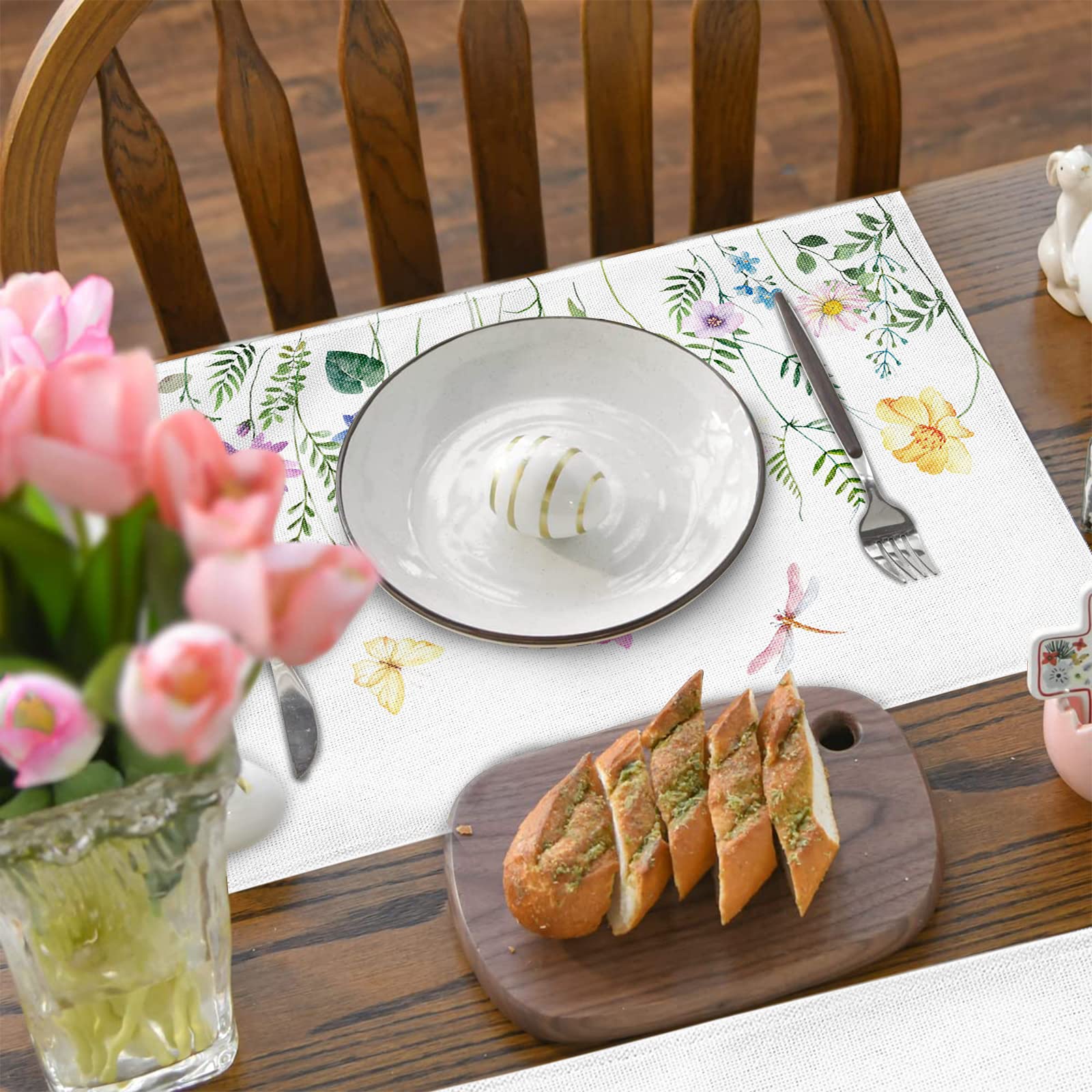 Placemats Set Of 6, Spring Summer Floral Non Slip Heat Resistant Cotton Linen Fabric Cloth Place Mats, White Square Washable Hol