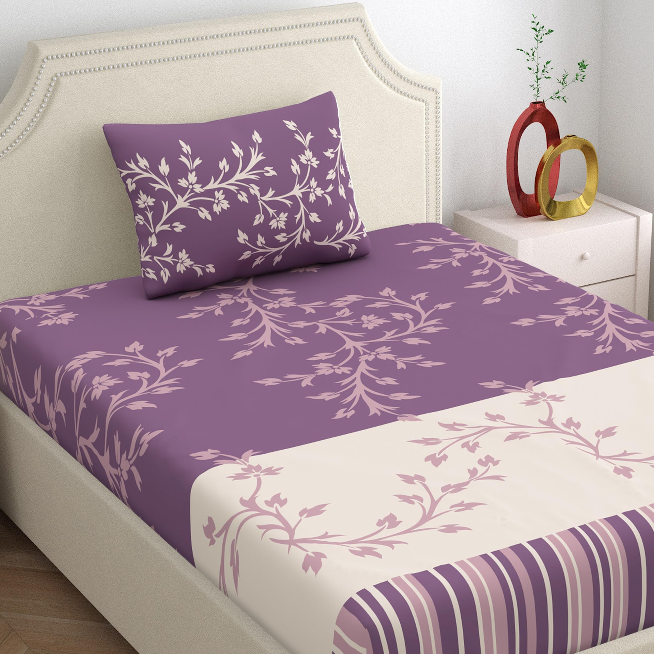 Dreamscape 100% Cotton Single Bedsheet For Single Bed, 140Tc, 1 Bed Sheet (Size 59 X 87 Inches) With 1 Pillow Cover, Purple