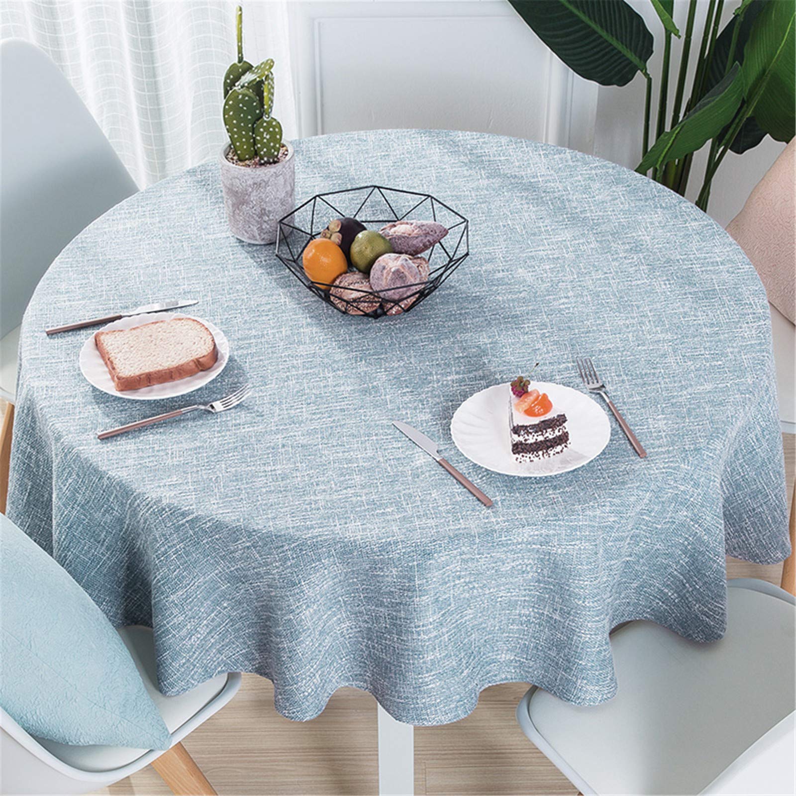 Cotton Linen Solid Color Tablecloth Round Simple Style Table Cover For Kitchen Dining Small Table(2 Seats), Light Blue, Round -