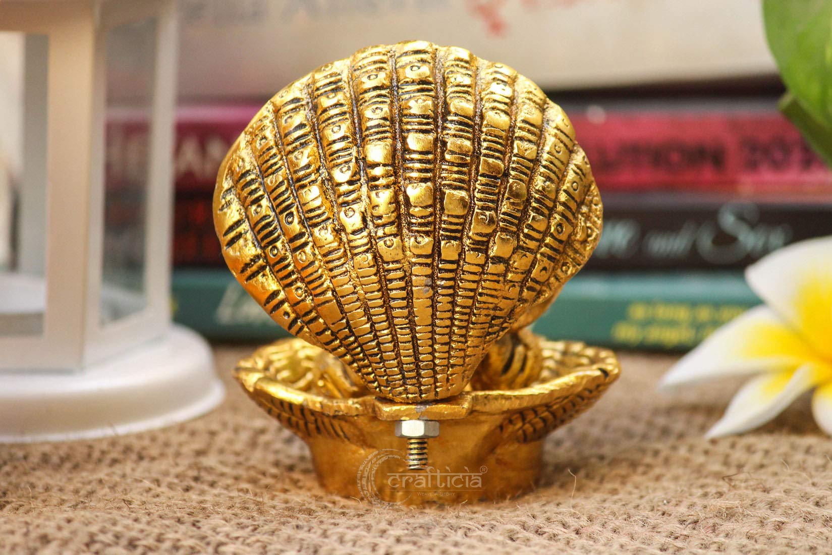 Crafticia Metal Lord Ganesh Statue Sitting In Seep Ganesha For Puja Showpiece (8 X 8 X 8.5 Cm, Golden), Gold, Medium