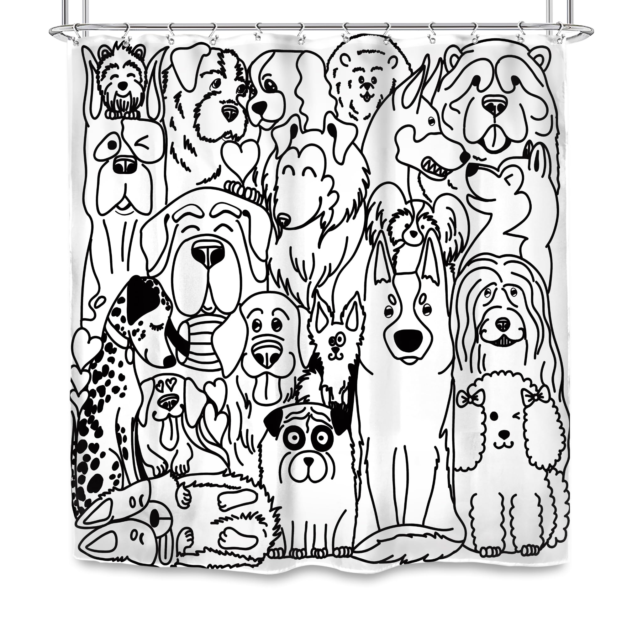Svbright Funny Cute Dog Shower Curtain 72Wx72L Inch Cartoon Black And White Lovely Animals Silhouette For Kids Kawaii Cool Hilar
