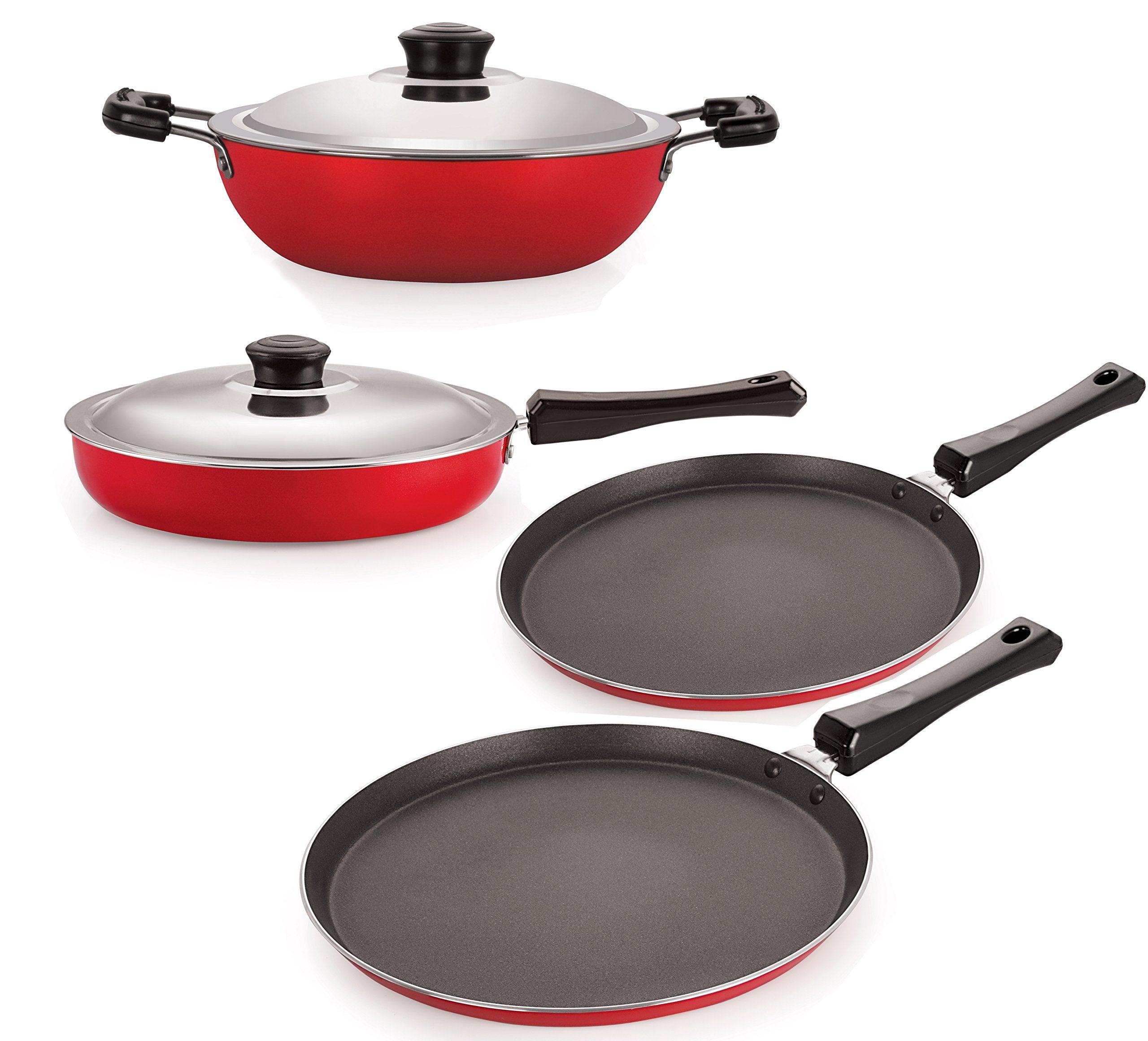 Nirlon NonStick Cookware Kitchen Cooking Utencil Combo Set Offer, (Ft13_Fp12_Dkdb_Ft10),Red & Black Color