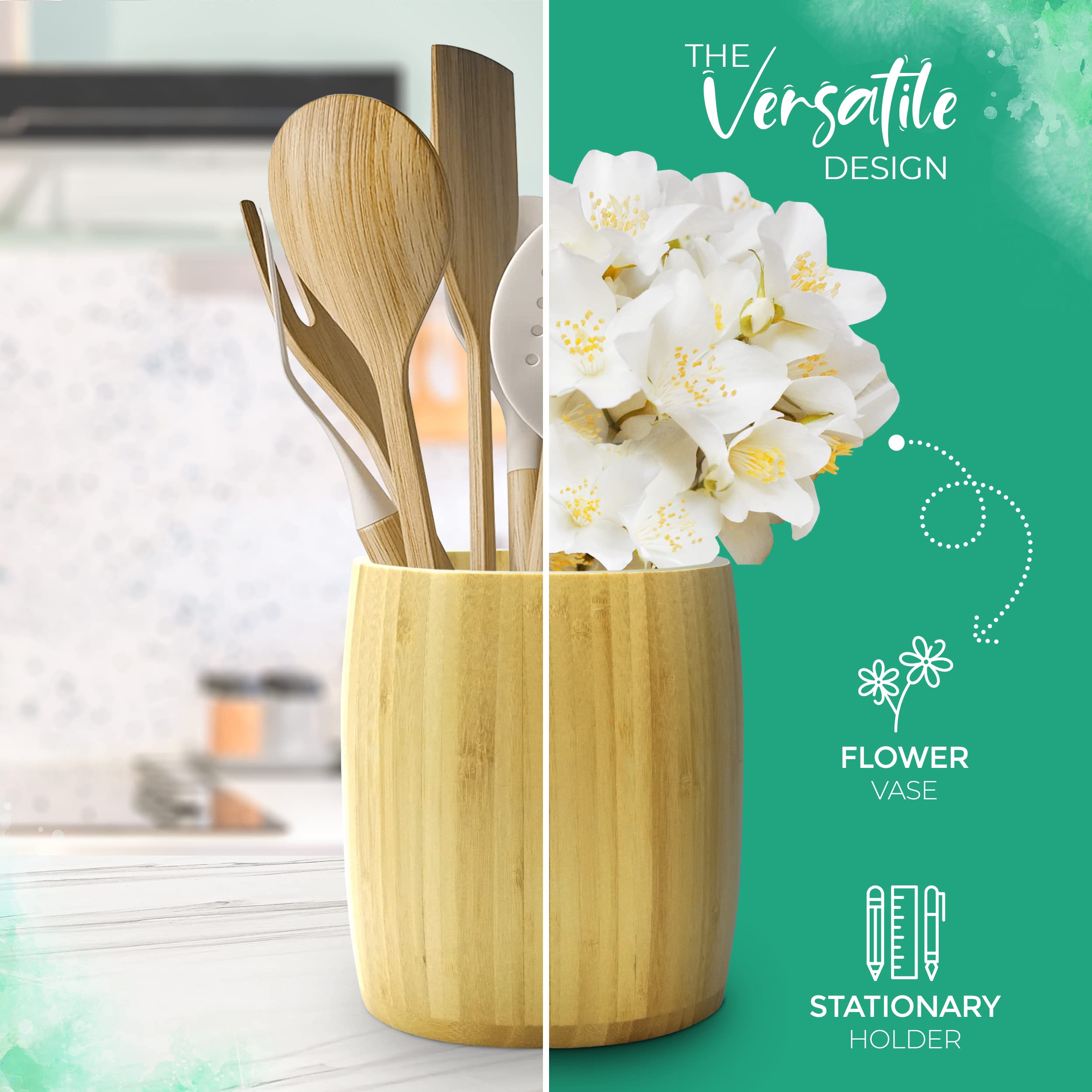 The Pretty Turtle Bamboo Kitchen Counter Utensil Crock Holder Caddy 7'' X 5 1/2'' (Large Oval Natural)