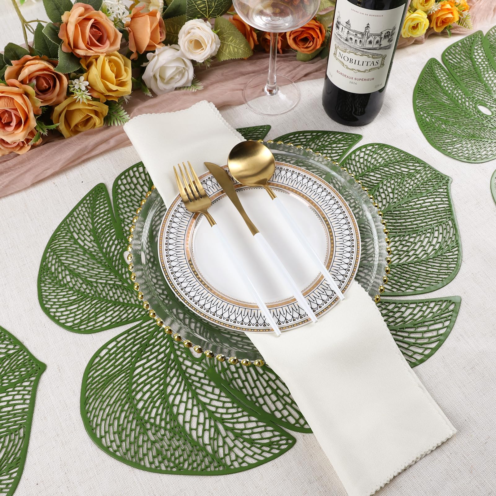 Evevda Green Leaf Shaped Vinyl Placemats For Dinner Table Set Of 8 Metallic Plastic Green Place Mats Wipeable 6Pcs Table Mats Fo