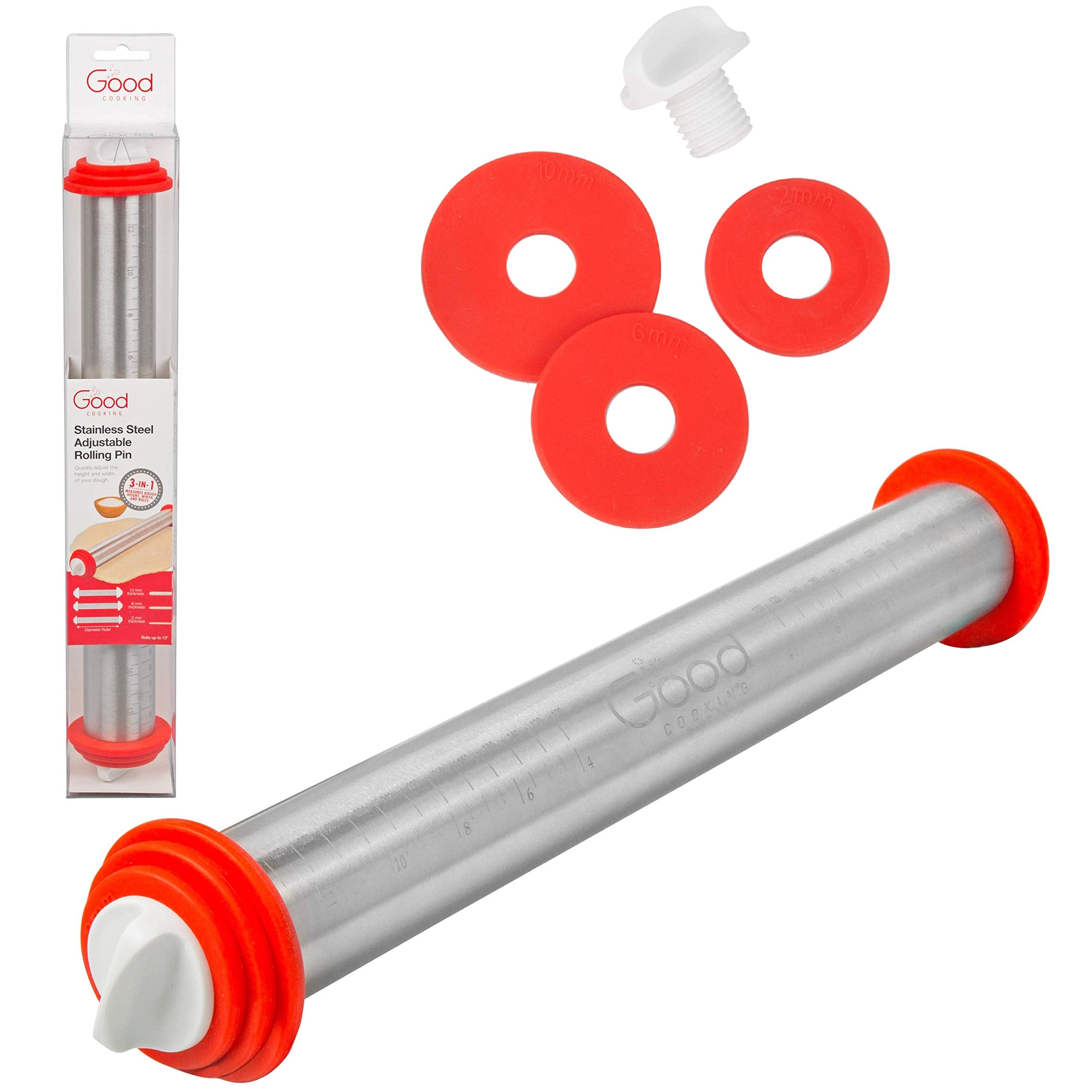 Adjustable Extra Large Pastry Rolling Pin With Thickness Rings - Stainless Steel French Dough Roller With 17'' Barrel And 3 Remo