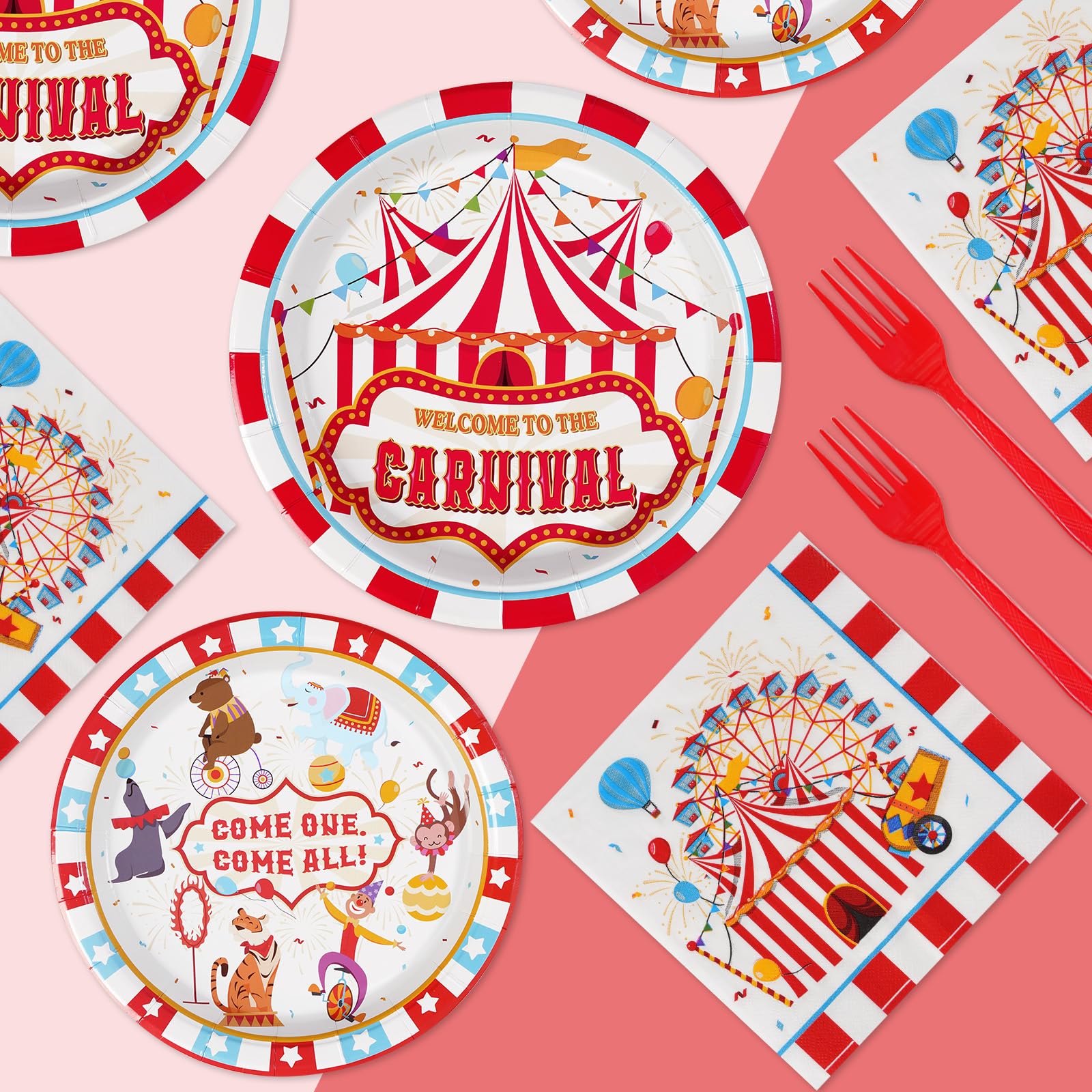 Grencian 96Pcs Carnival Party Decorations Carnival Circus Plates and Napkins Disposable Circus Theme Birthday Paper Tableware Se