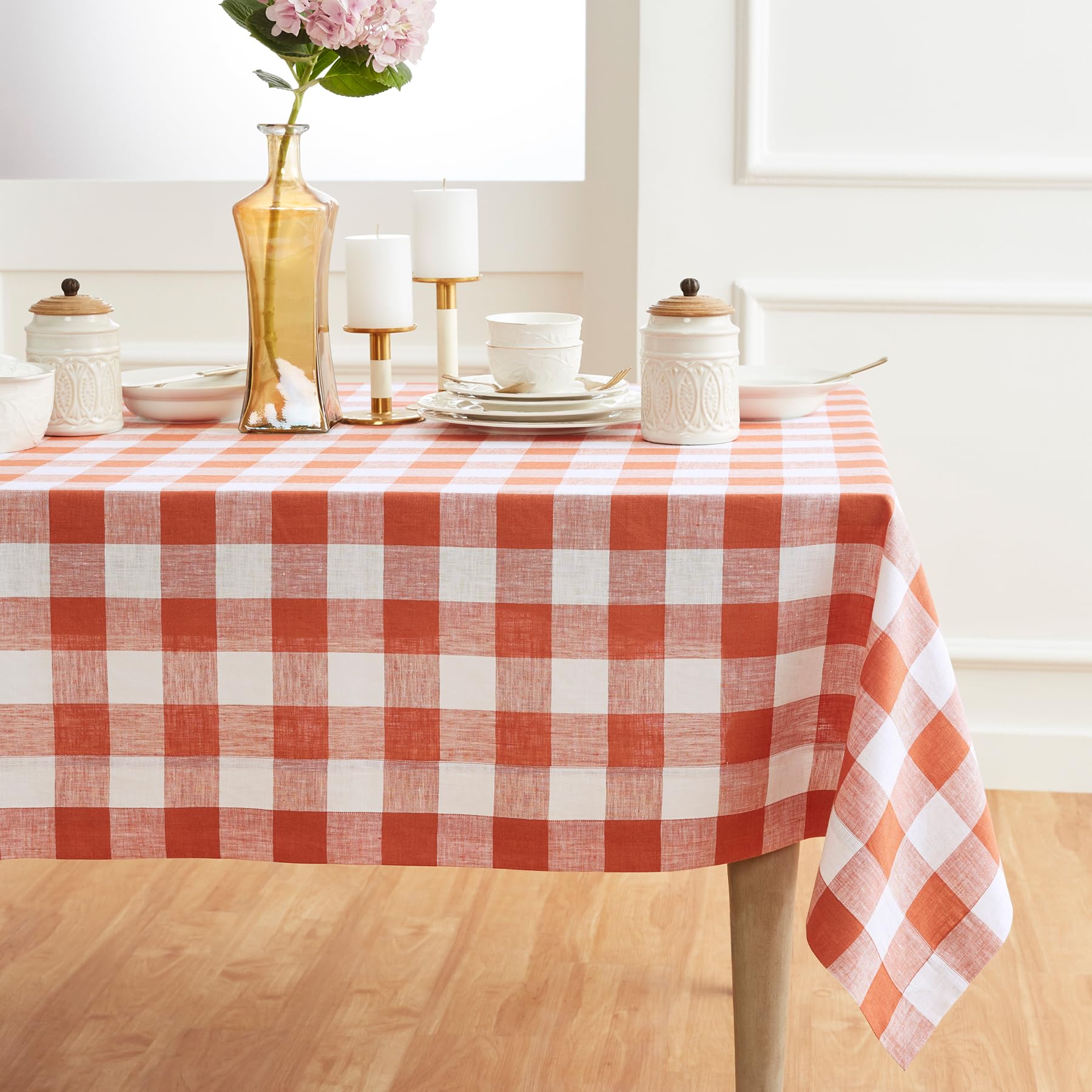 Solino Home Buffalo Check Linen Tablecloth 120 '' L X 60 '' W Inch - 100% Pure Linen Cinnamon And White Table Cloth For Rectangl