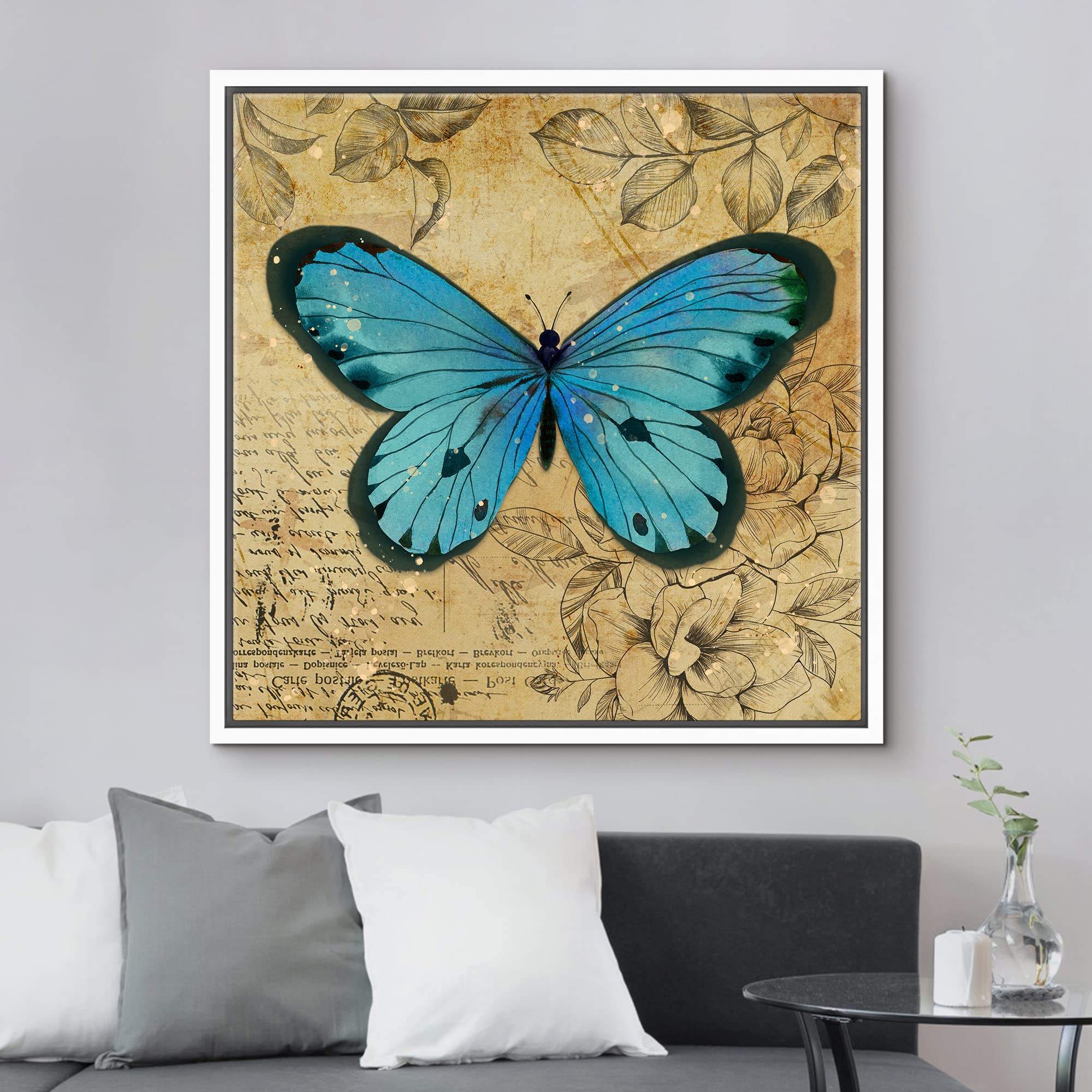 Wall26 Framed Canvas Print Wall Art Teal Blue Butterfly Floral Pattern Nature Wilderness Rustic Modern Art Farmhouse Decorative
