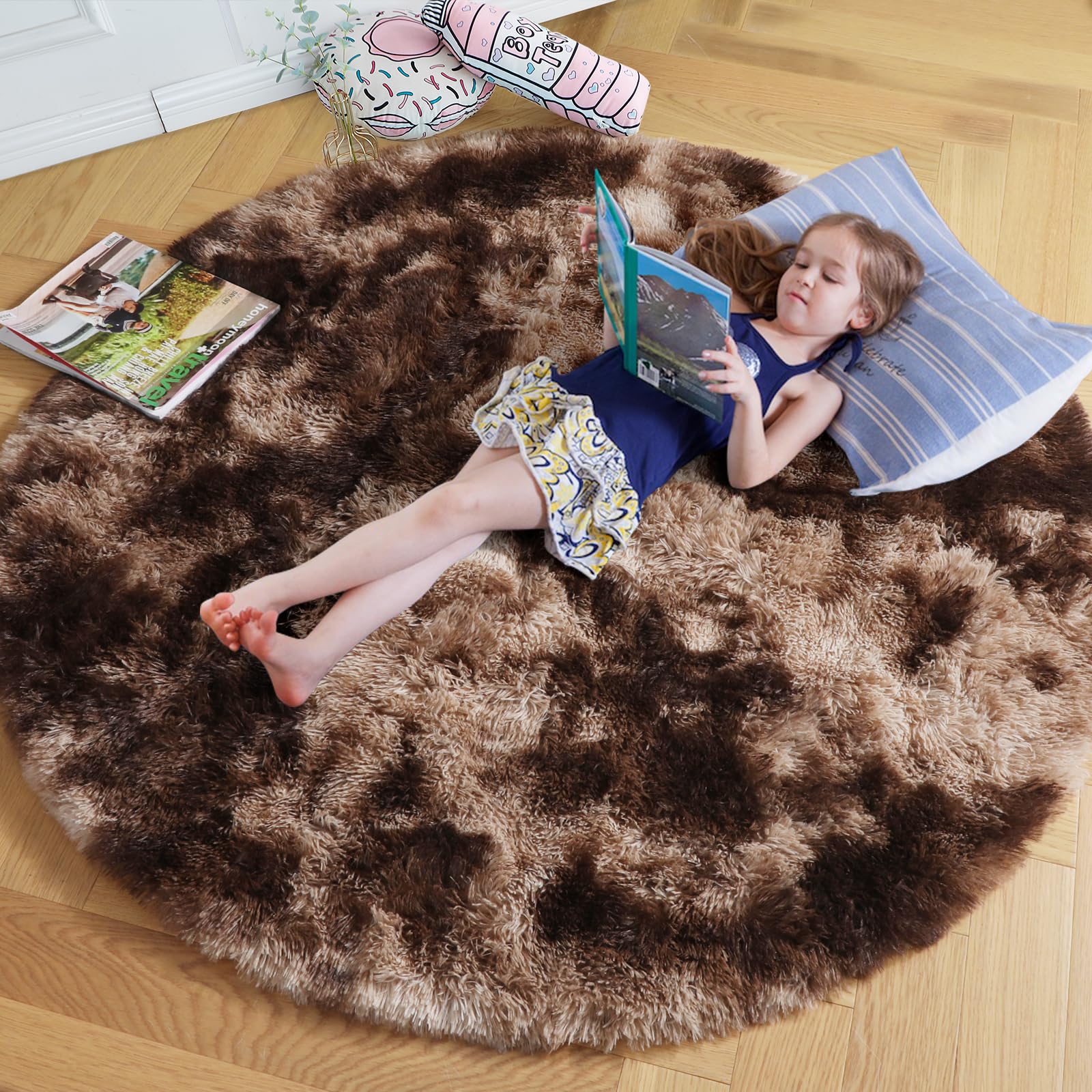 Amdrebio Tie-Dyed Brown Round Circle Rugs 5Ft for Bedroom, Fluffy Shag Plush Area Rugs for Kids Room, Living Room Decor Aestheti