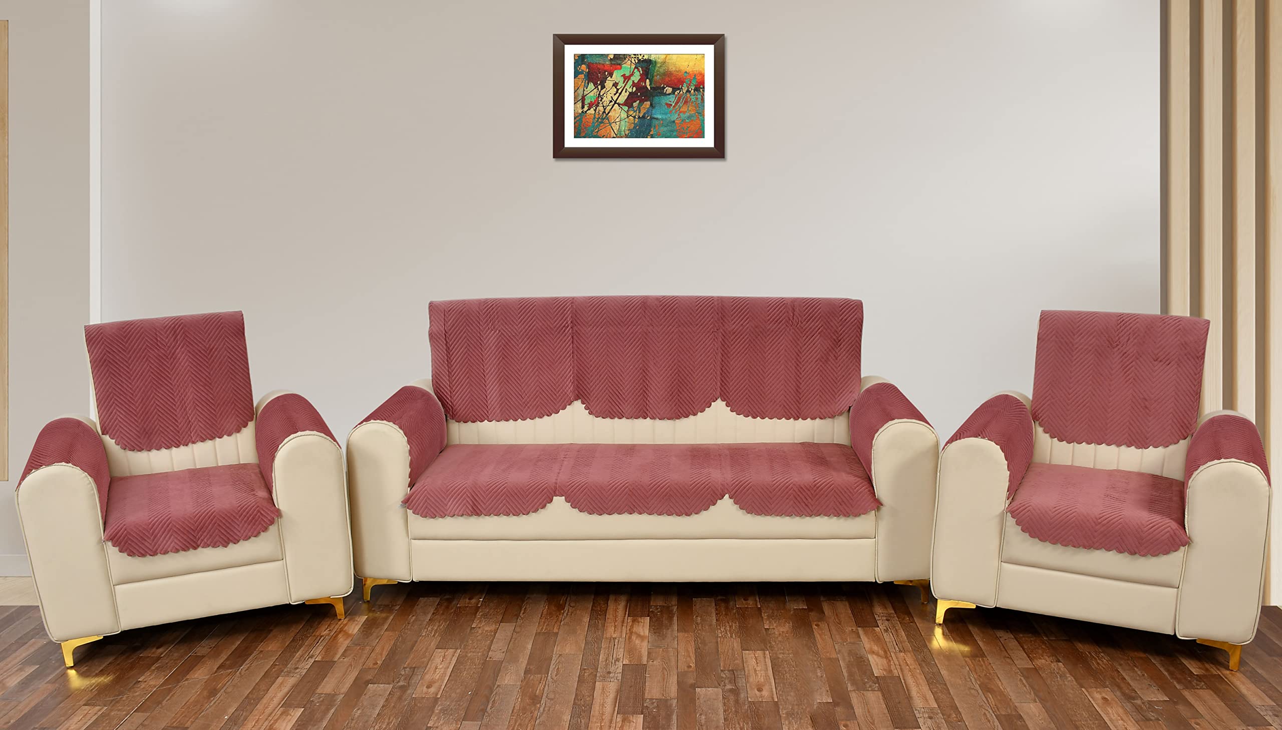 Yellow Weaves 5 Seater Quilted Sofa Cover And Chair Cover With Arm Cover, Seat & Back Cover, Color - Rose Gold