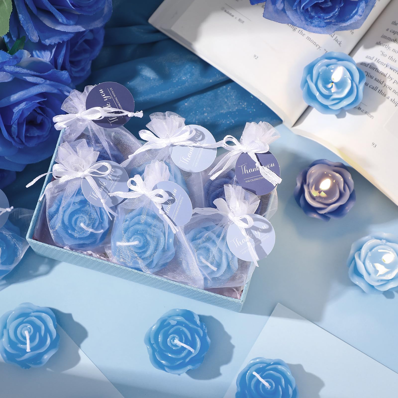 Treela 50 Set Flower Candles Wedding Favor for Guests Mini Blue Rose Shaped Tealight Candles for Return Gift Wedding Birthday Br