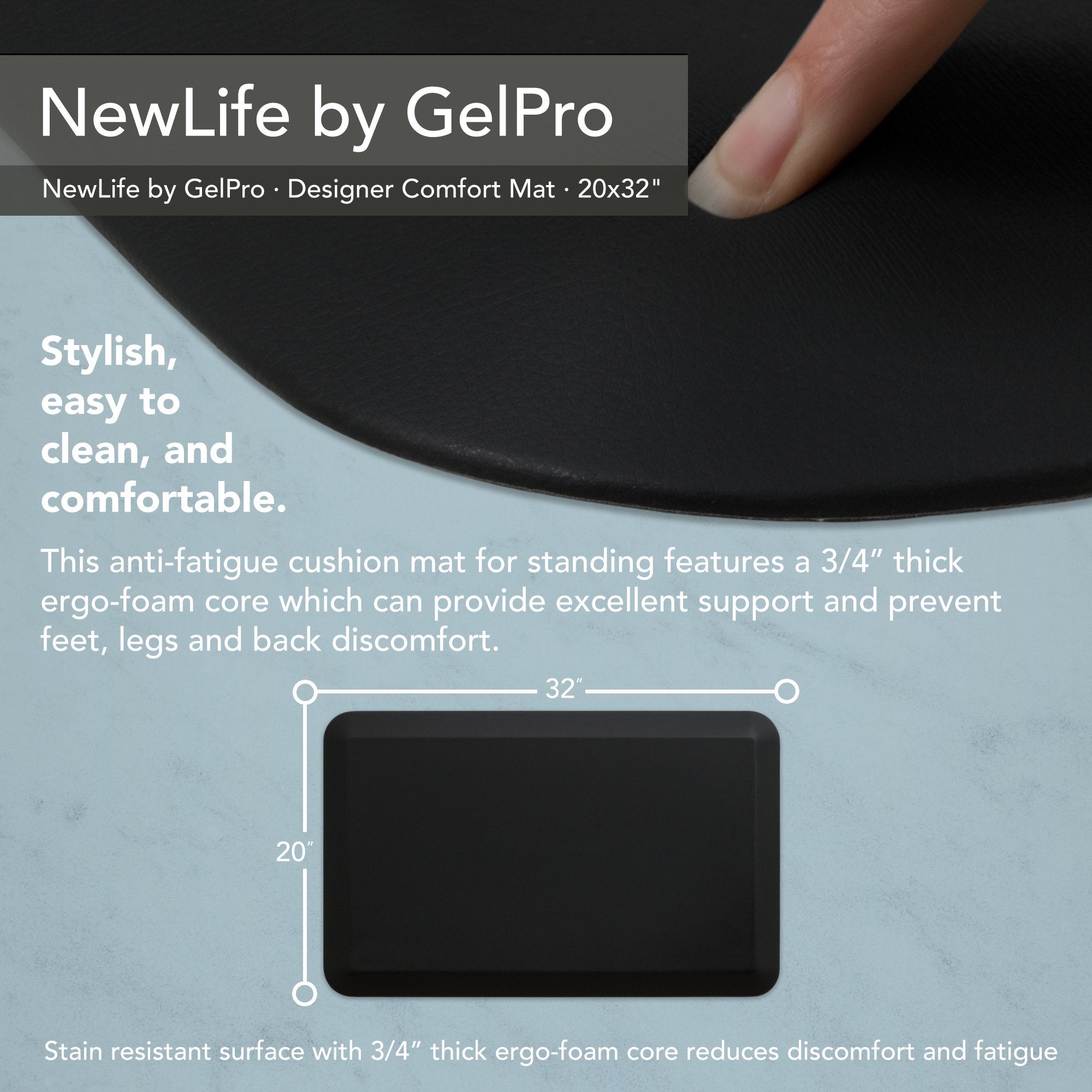 Gelpro Newlife Designer Comfort Ergo-Foam Anti-Fatigue Kitchen Floor Mat, 20X32, Leather Grain Jet