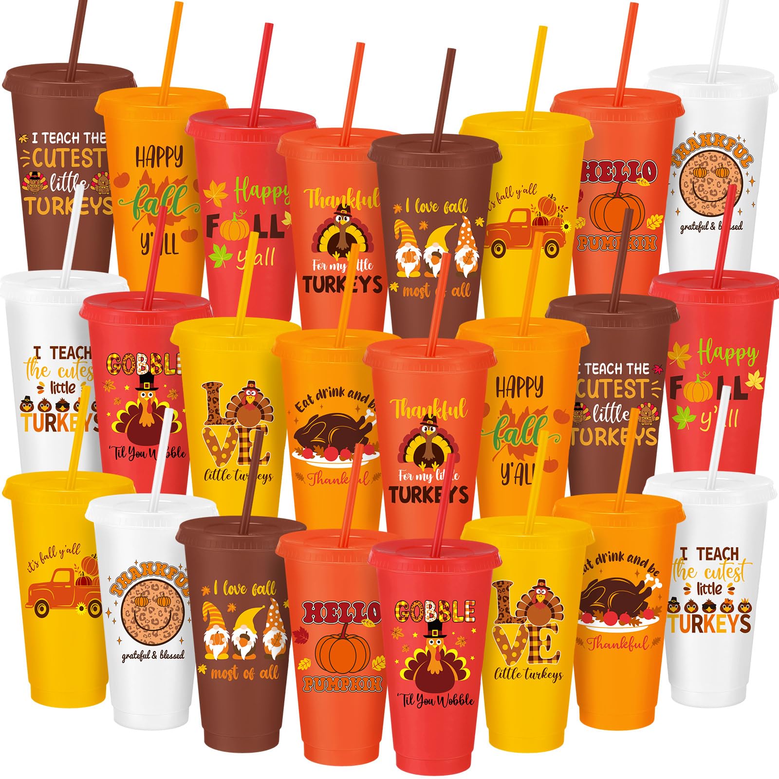 Umigy 24 Pcs Fall Plastic Cups 24 oz Thanksgiving Reusable Cups with Lids and Straws Pumpkin Turkey Friendsgiving Tumblers for A