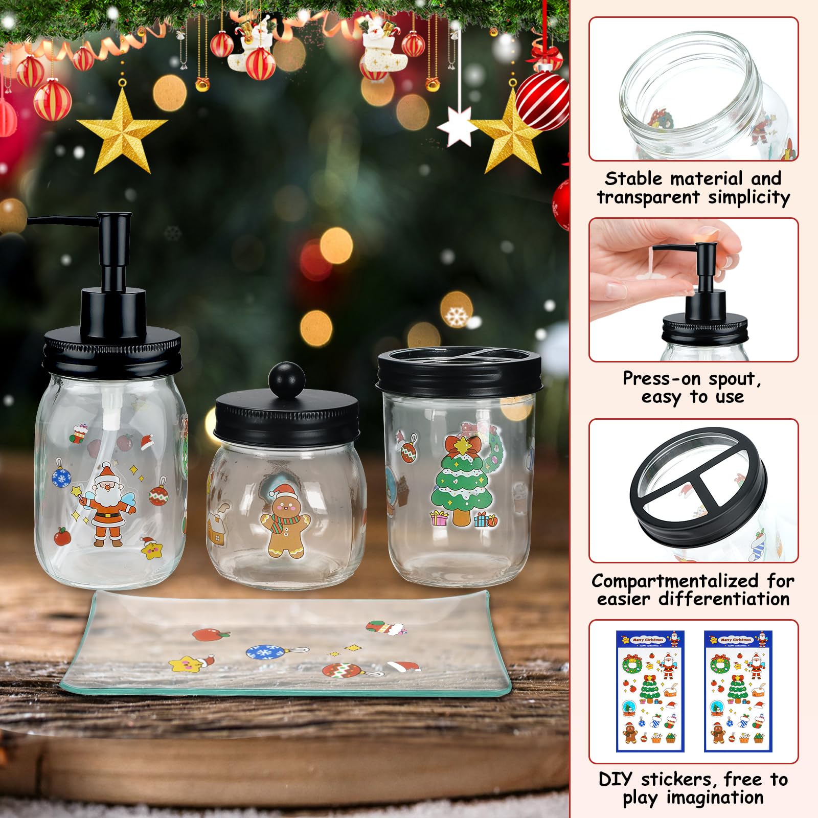 Haturi Bathroom Accessories Set, 4Pcs Christmas Mason Jar Bathroom Decor, Lotion Soap Dispenser, Toothbrush Holder, Qtip Holders