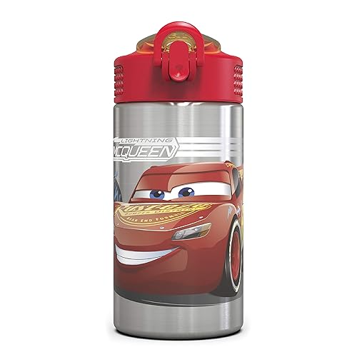 Zak Designs Disney Cars 3 - Stainless Steel Water Bottle with One Hand Operation Action Lid and Built-in Carrying Loop  Kids Water Bottle with Straw Spout is Perfect for Kids (15.5 oz  18/8  BPA-Free)