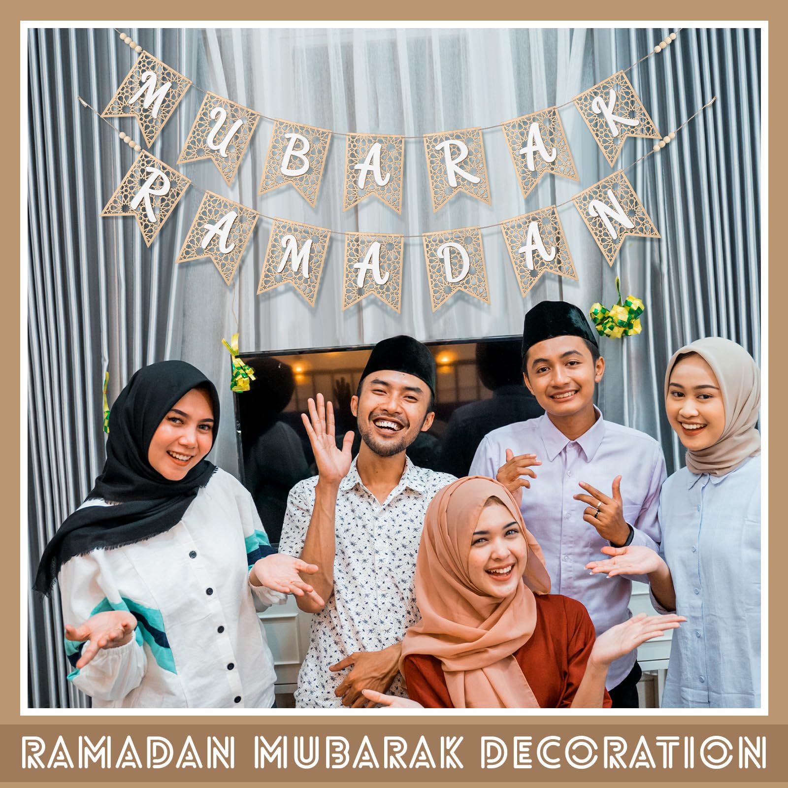 Smoothnovelty 2 Pcs Eid Ramadan Mubarak Banner Wooden Ramadan Mubarak Decoration Rustic Bead Ramadan Decorations Banner Muslim P