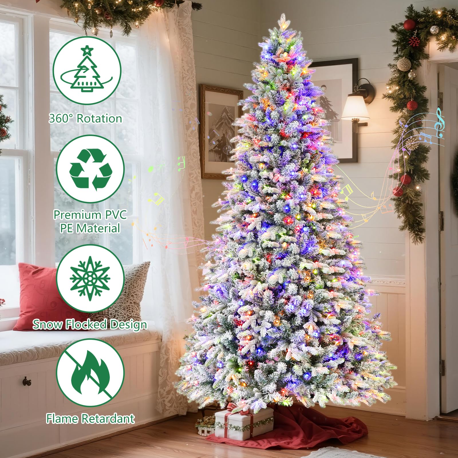 VINCONLIDY Rotating Flocked Christmas Tree 7ft - Prelit Musical Artificial Xmas Tree with Remote Control, 1220 PE & PVC Mixed Ti