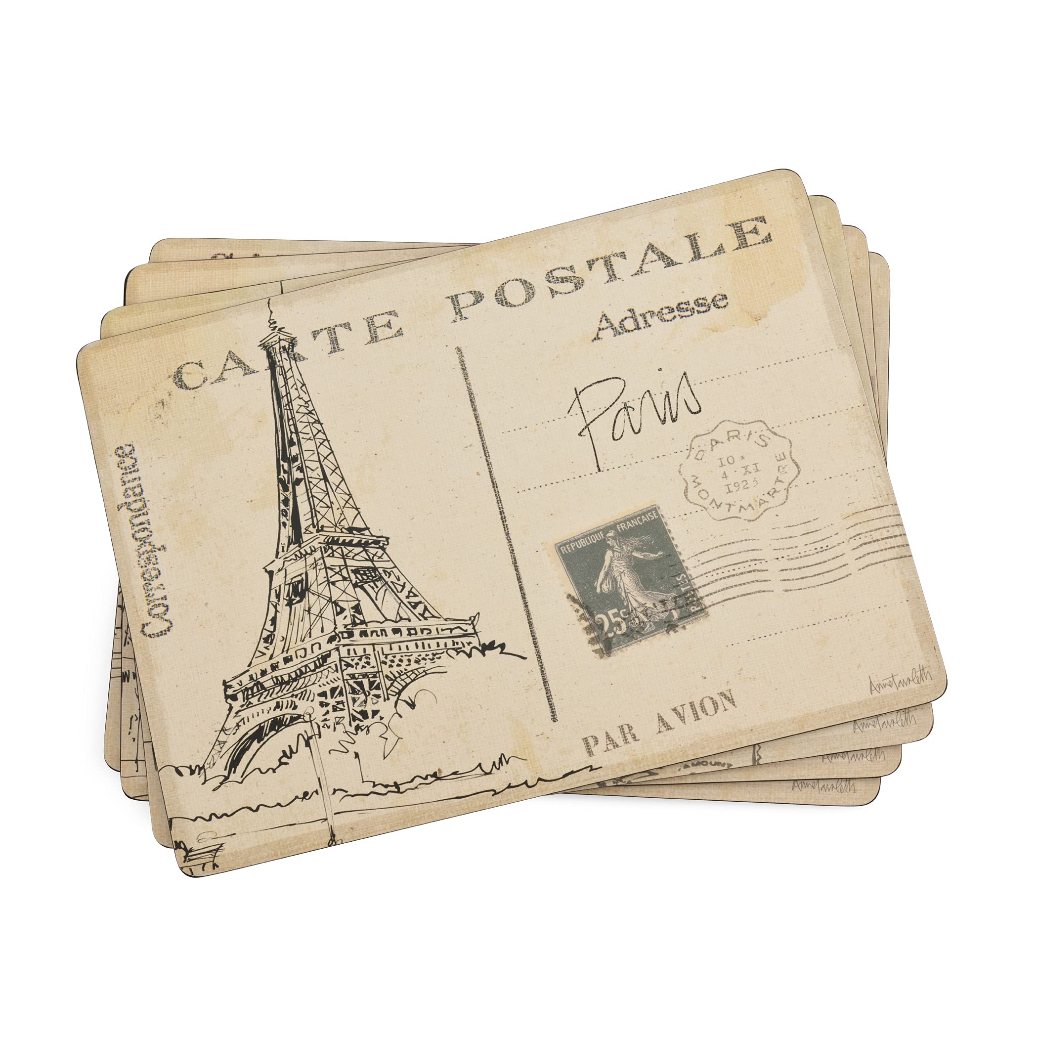 Pimpernel Postcard Sketches Collection Placemats | Set Of 4 | Heat Resistant Mats | Cork-Backed Board | Hard Placemat Set For Di