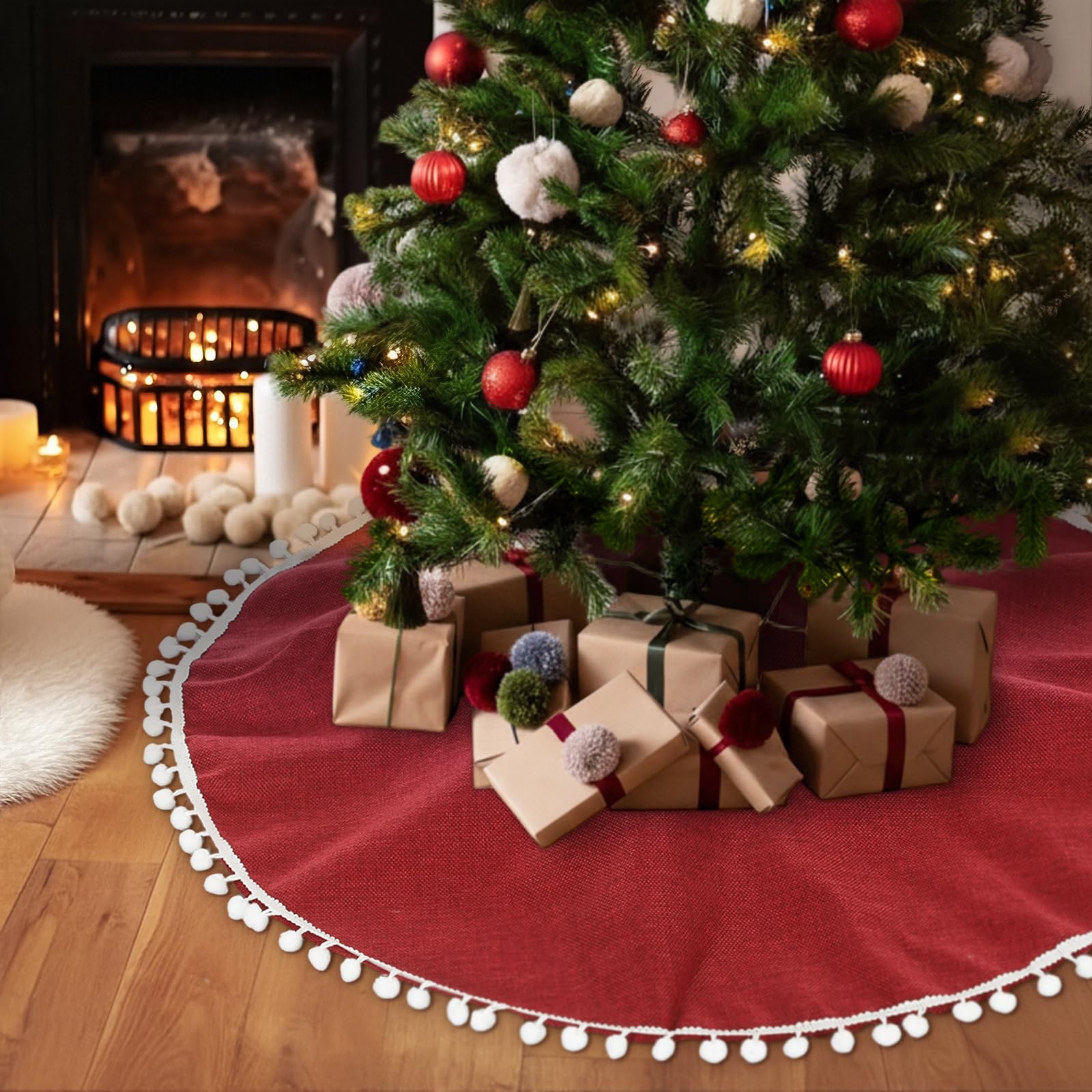 Syhood 30 Inch Christmas Tree Skirt Red Christmas Linen Burlap Tree Skirt Base Cover with Pom Trim for Xmas Winter Home Decorati
