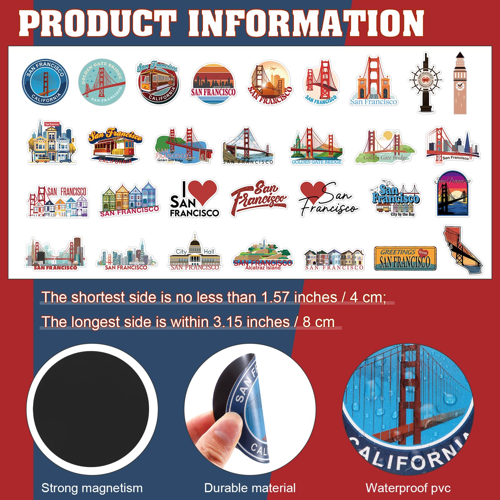 Konohan 30 Pcs San Francisco Souvenirs Gifts San Francisco Magnet for Refrigerator City Magnetic Refrigerator Stickers for Home