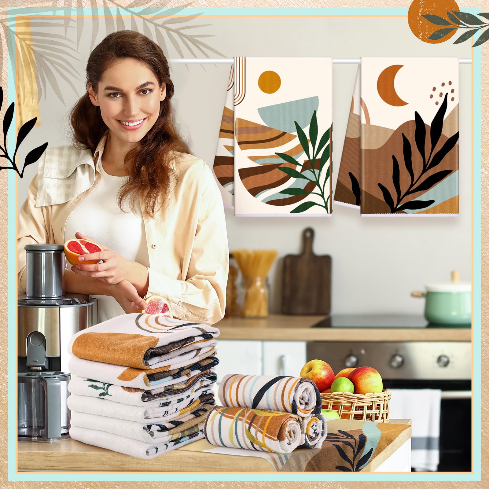 Breling Set of 6 Boho Kitchen Towels Mountains Rivers Sun Moon Dish Towel Bathroom Absorbent Tea Towels for Kitchen Bathroom Hom