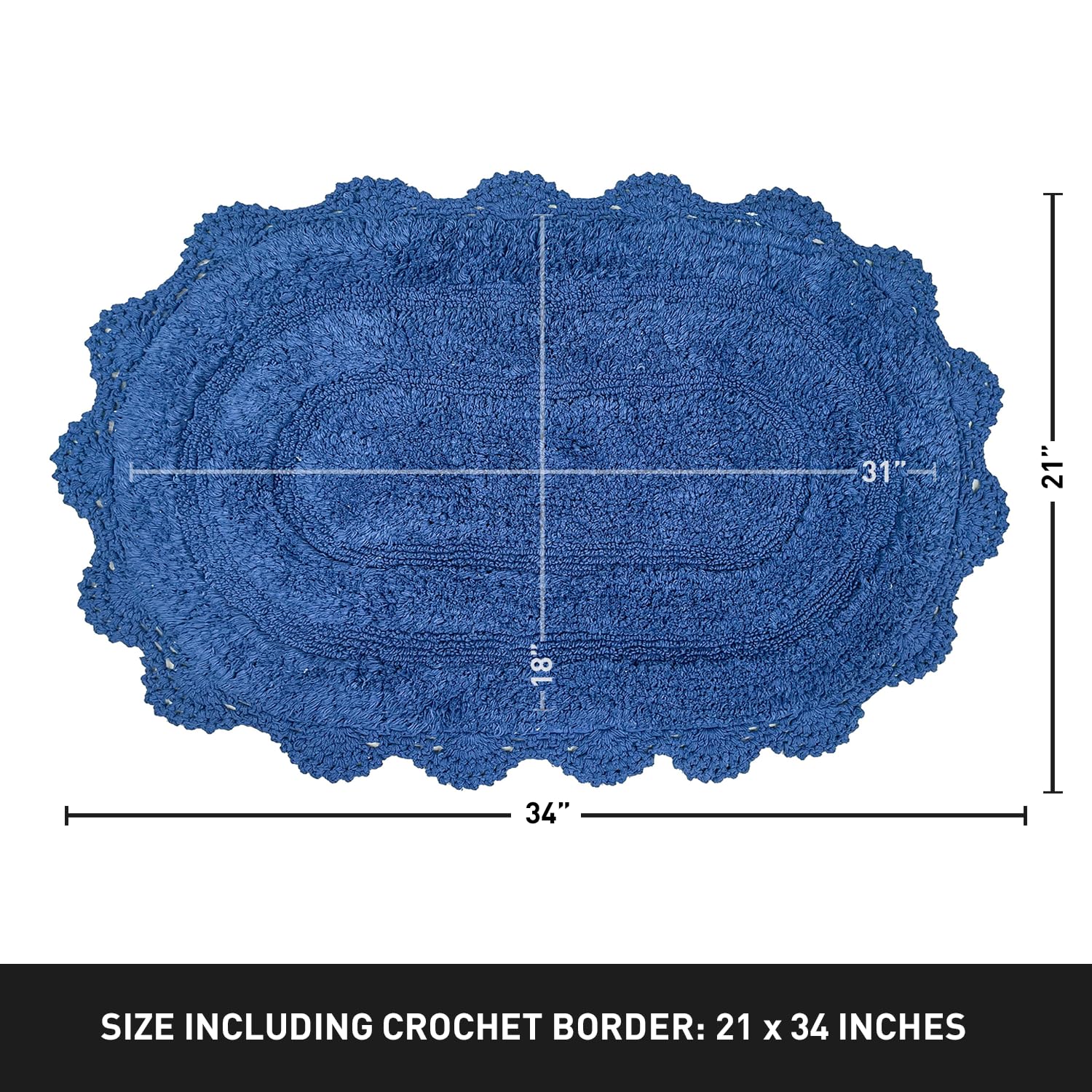 Chardin Home Blue Crochet Bathrug, 100% Cotton Oval Bathmat With Artisanally Handcrafted Crochet Border, 21X34 Inch, Medium Rug,
