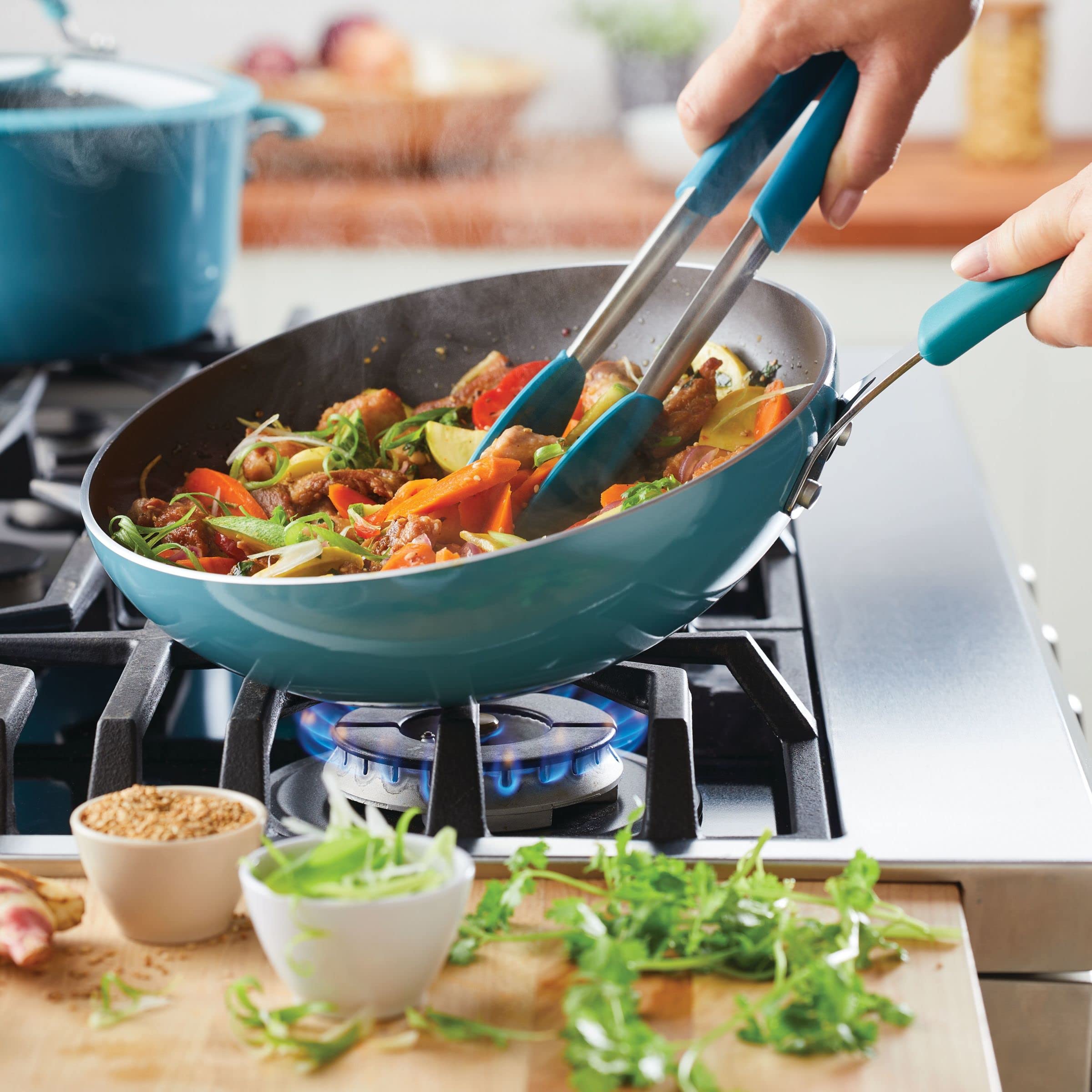 Rachael Ray Cook + Create Nonstick Stir Fry Pan/Wok, 10.5 Inch, Agave Blue
