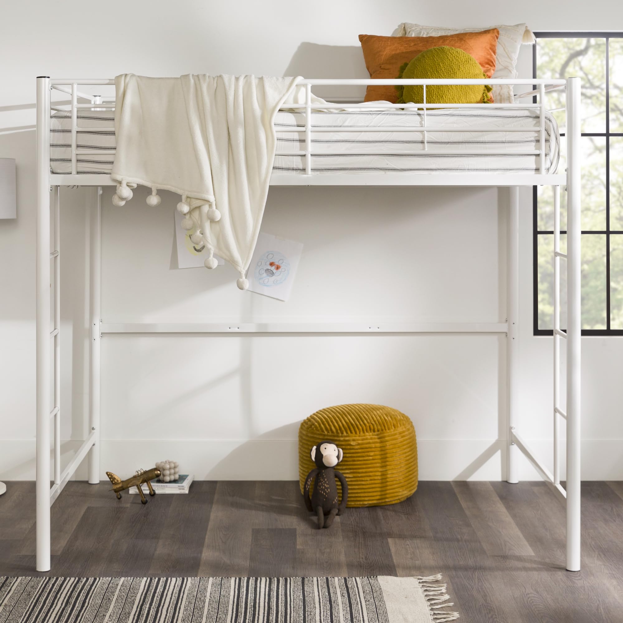 Walker Edison Timothee Urban Industrial Metal Double Over Loft Bunk Bed, Full Double, White