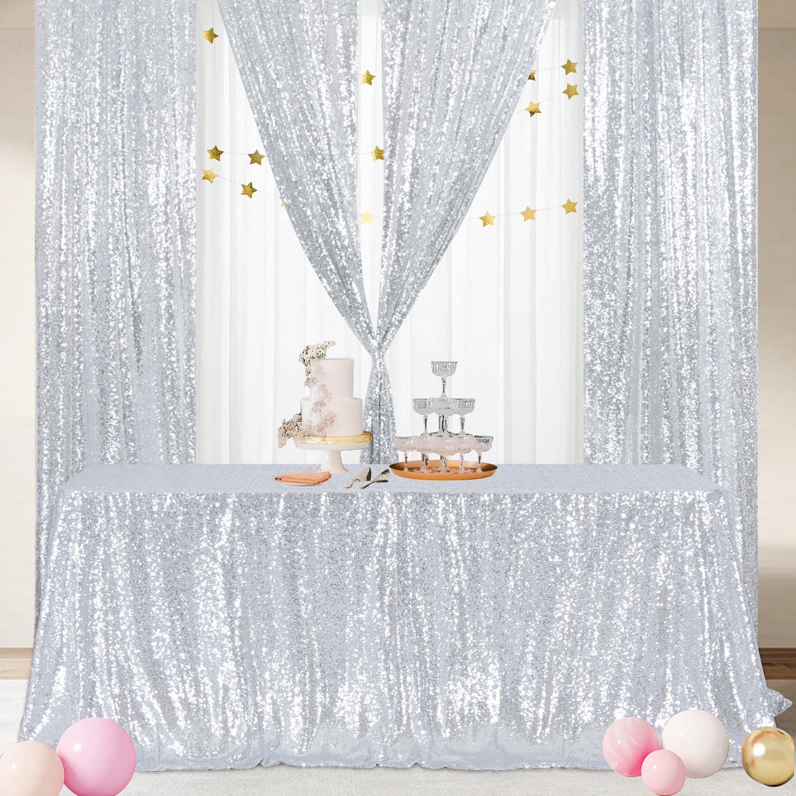 Poise3Ehome 50A72 Rectangle Silver Sequin Tablecloth For Party Cake Dessert Table Exhibition Events, Silvery