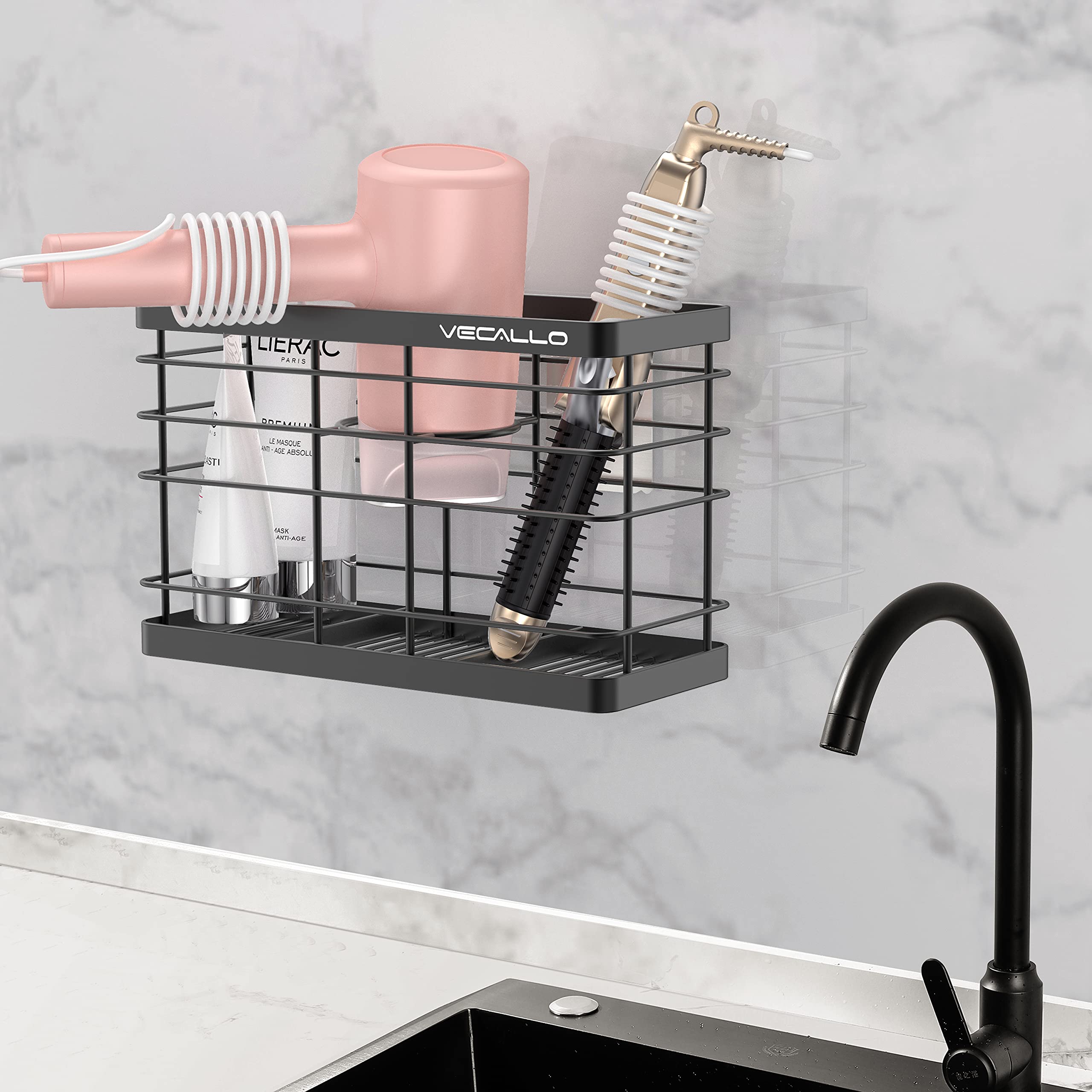 Vecallo Hair Dryer Holder - Wall Mount Organizer, Stainless Steel, 10.62"x6.69"x4.33", Black for Hair Tools