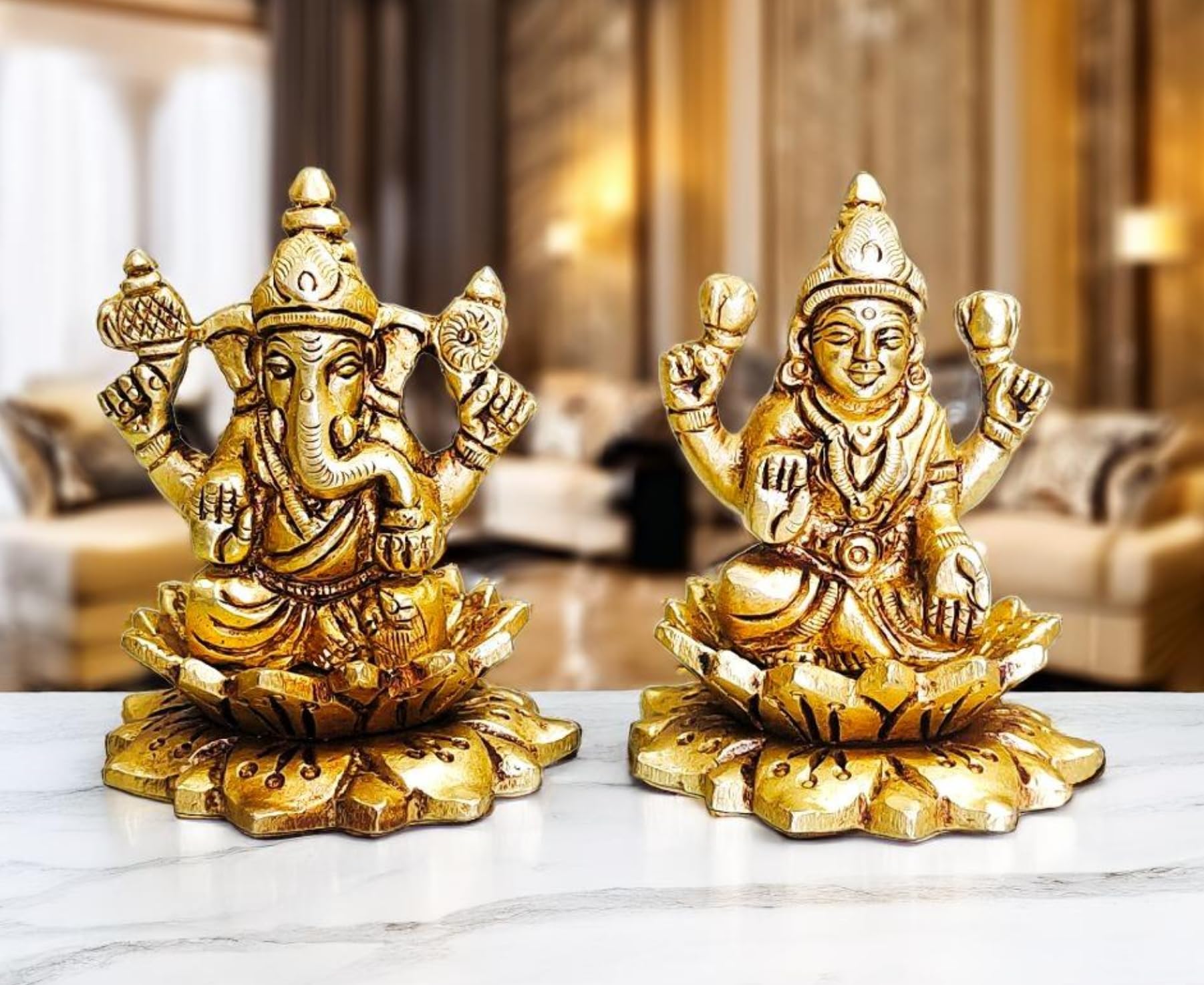 Sanskriti Decor Presents Brass Ganesha Laxmi Ganesh Lakshmi Bhagwan Idol Sitting On Lotus Ganpati Murti Statue For Home Office P