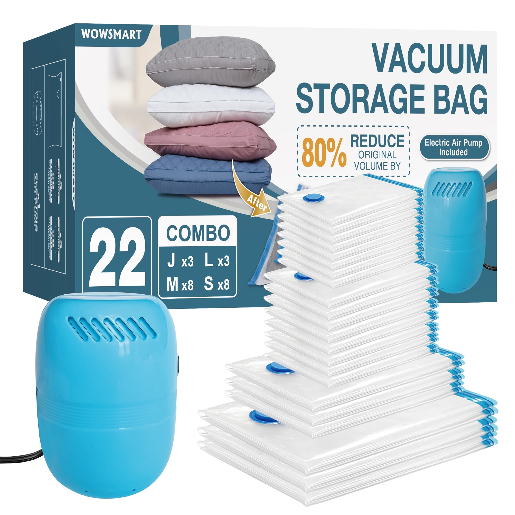 22 Vacuum Storage Bags With Electric Pump, Vacuum Sealed Storage Bags (3Jumbo/3Large/8Medium/8Small), Space Saver Vacuum Seal Ba